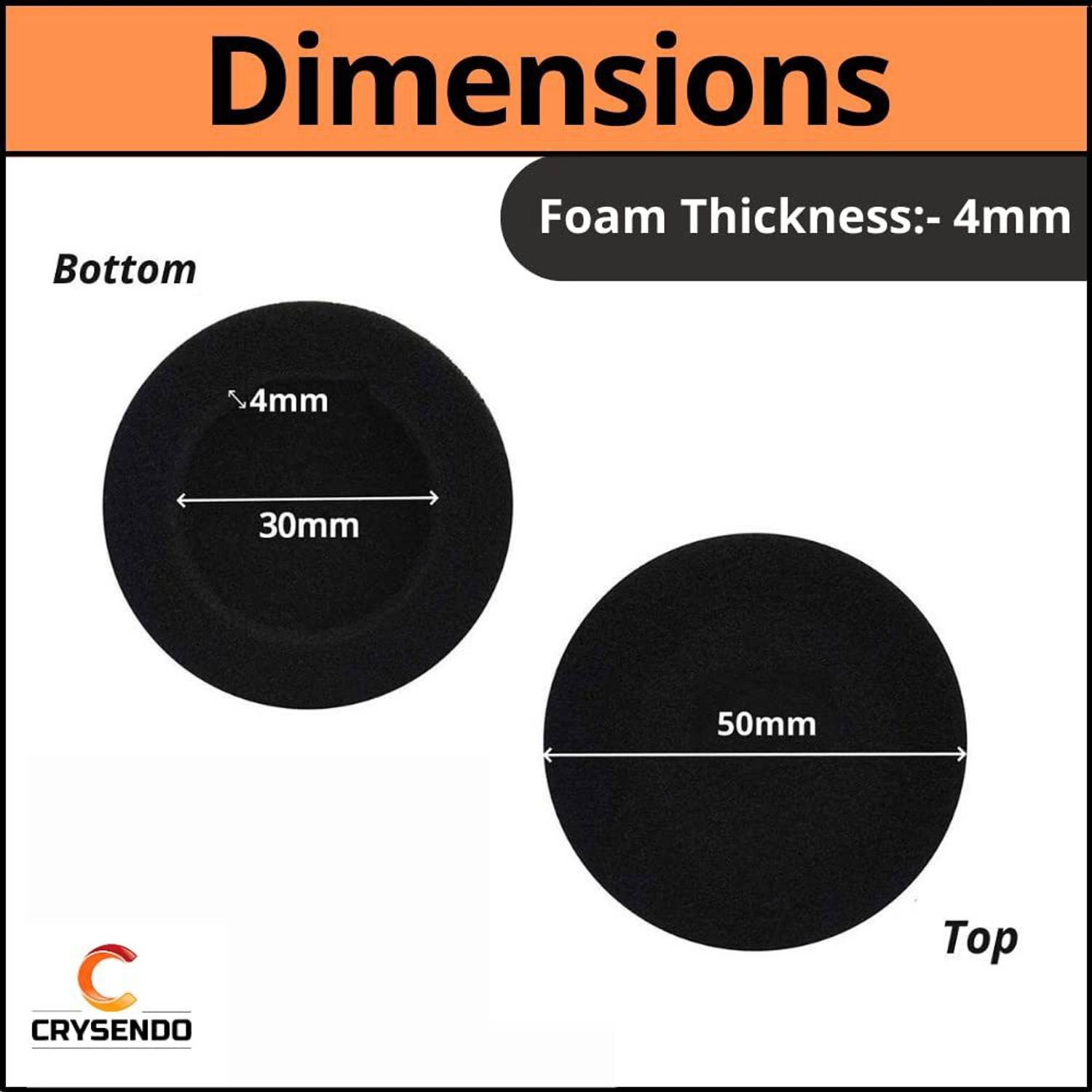 Crysendo 50mm Sponge Earbud Cushion Pads (Pack of 6, Black) - Image 2