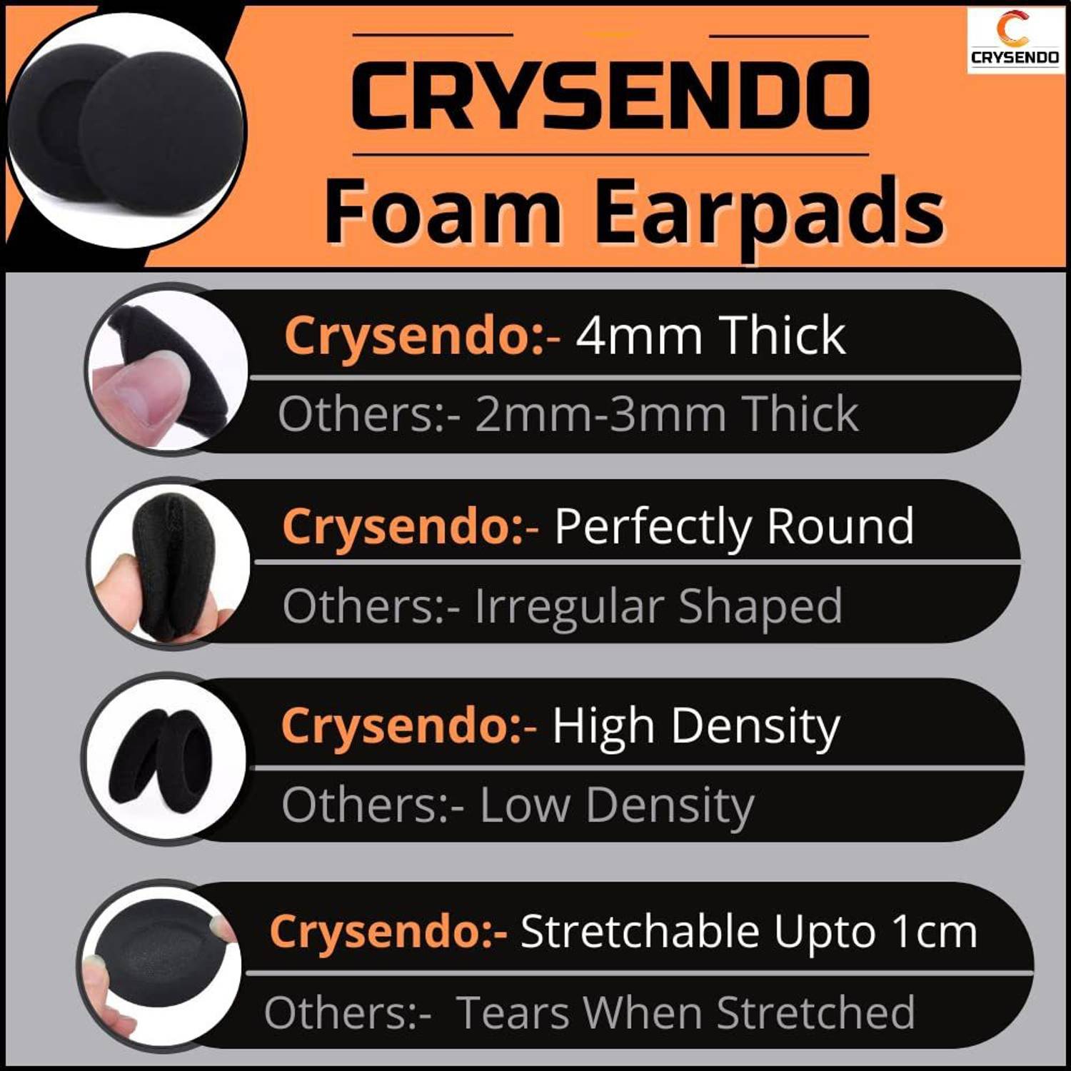 Crysendo 50mm Sponge Earbud Cushion Pads (Pack of 6, Black) - Image 3