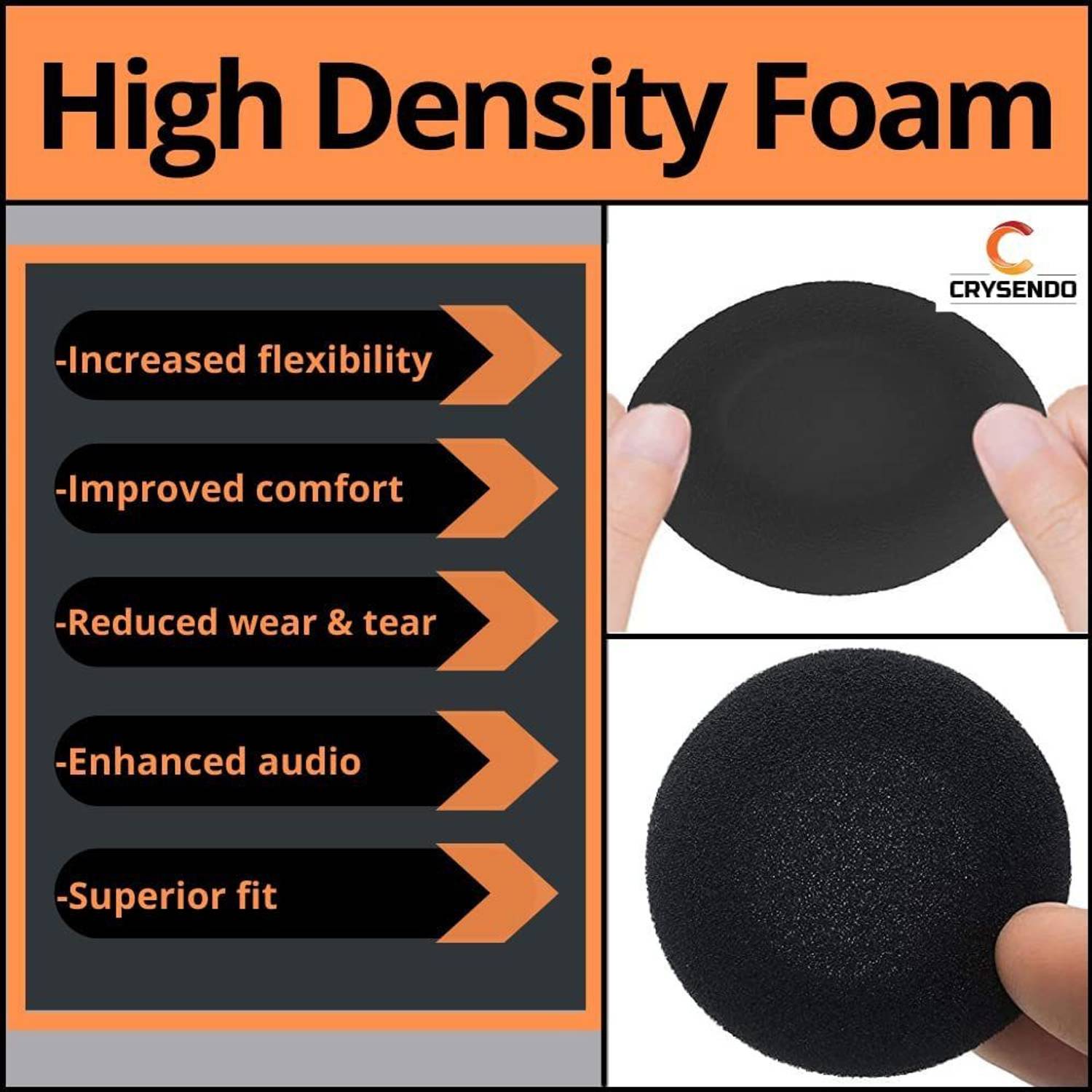 Crysendo 50mm Sponge Earbud Cushion Pads (Pack of 6, Black) - Image 4