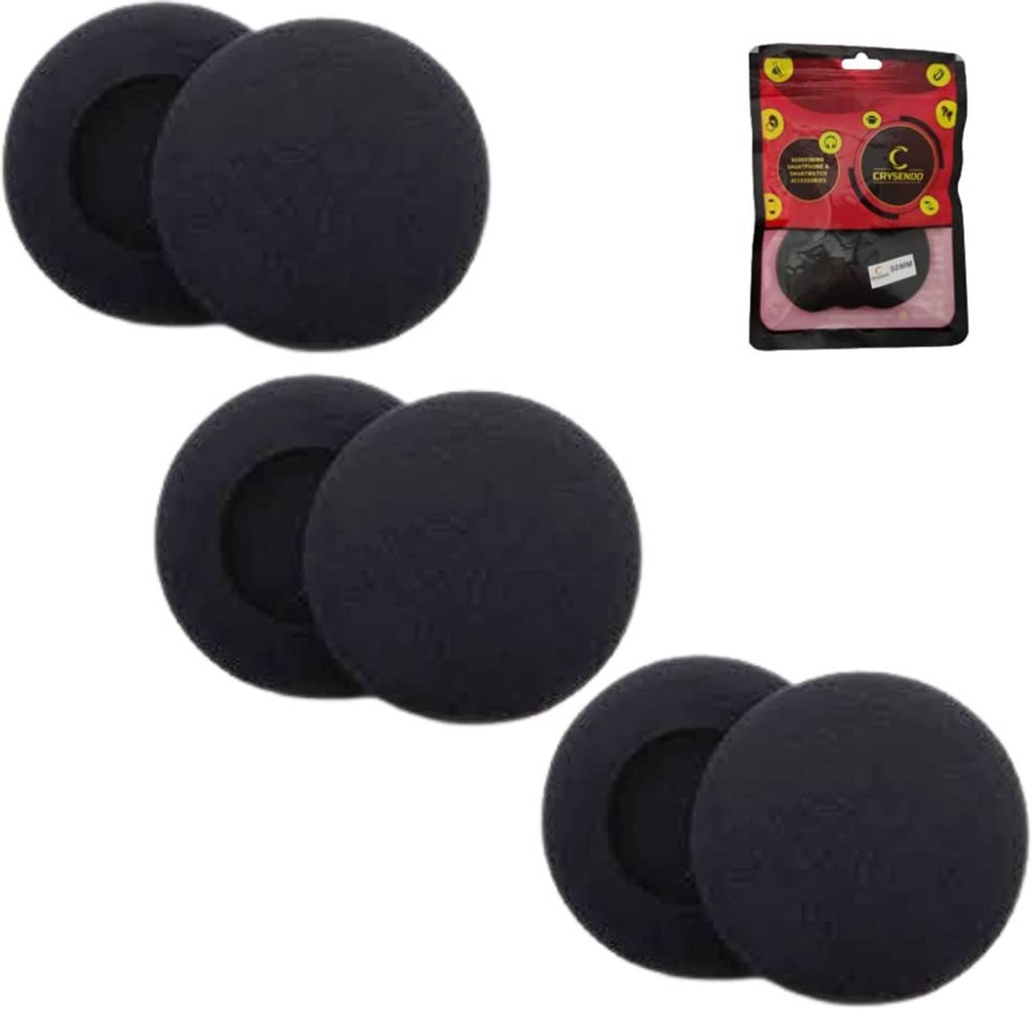 Crysendo 50mm Sponge Earbud Cushion Pads (Pack of 6, Black) - Image 1