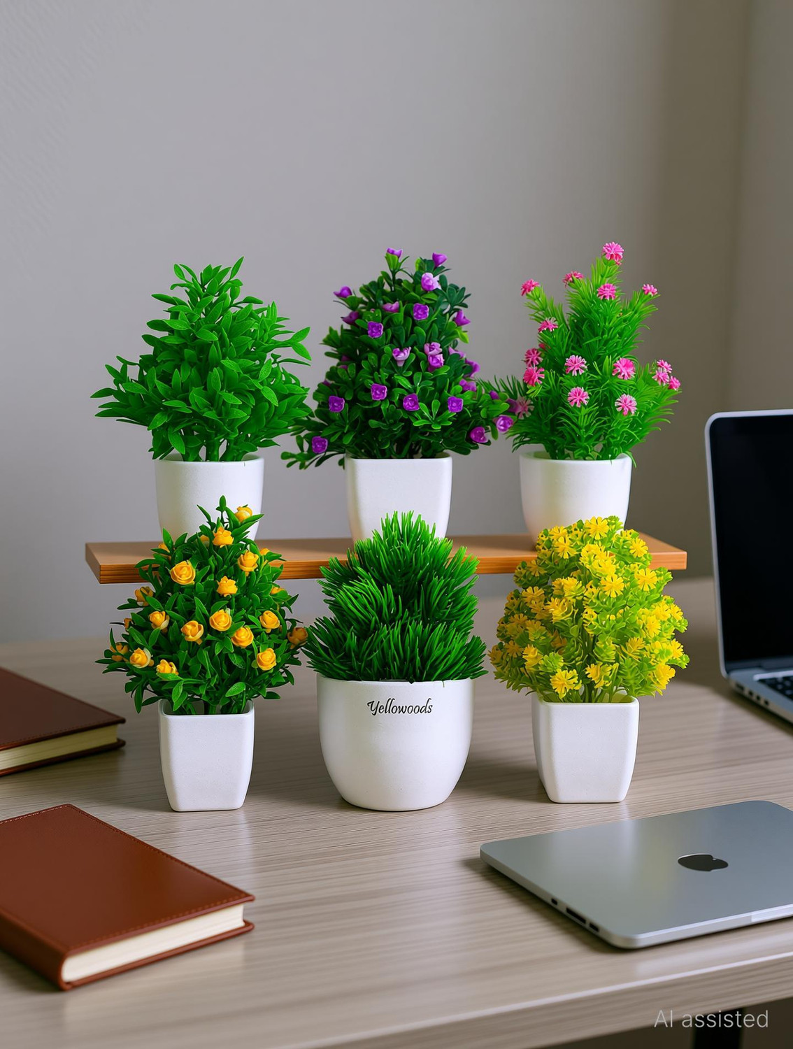 Yellowoods Mini/Small Artificial Potted Plants for Home,Office Table Decoration(Pack Of 6) Bonsai Wild Artificial Plant with Pot