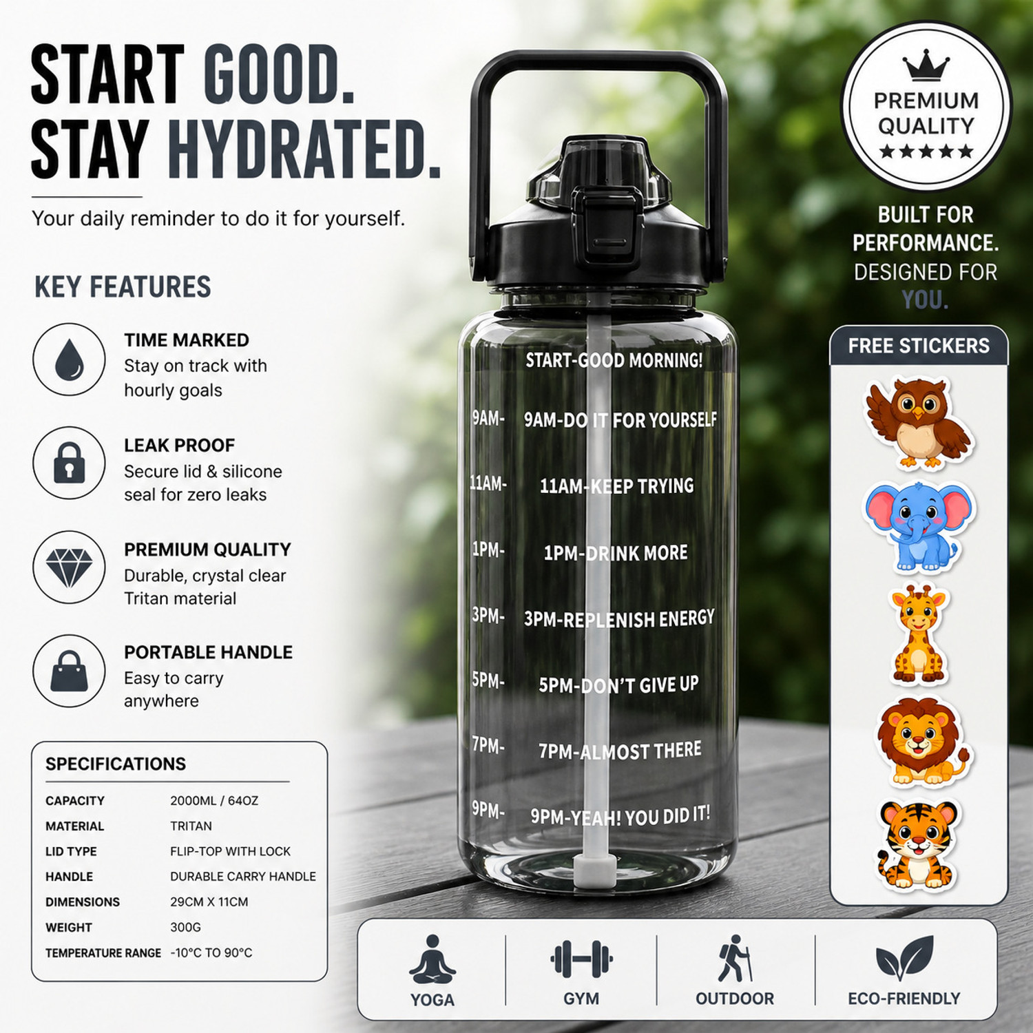 Cronus Pack of 1 LargeCapacity Water Bottle Motivational trasparent travel bisycle 2000 ml Bottle 2000 ml Bottle Plastic