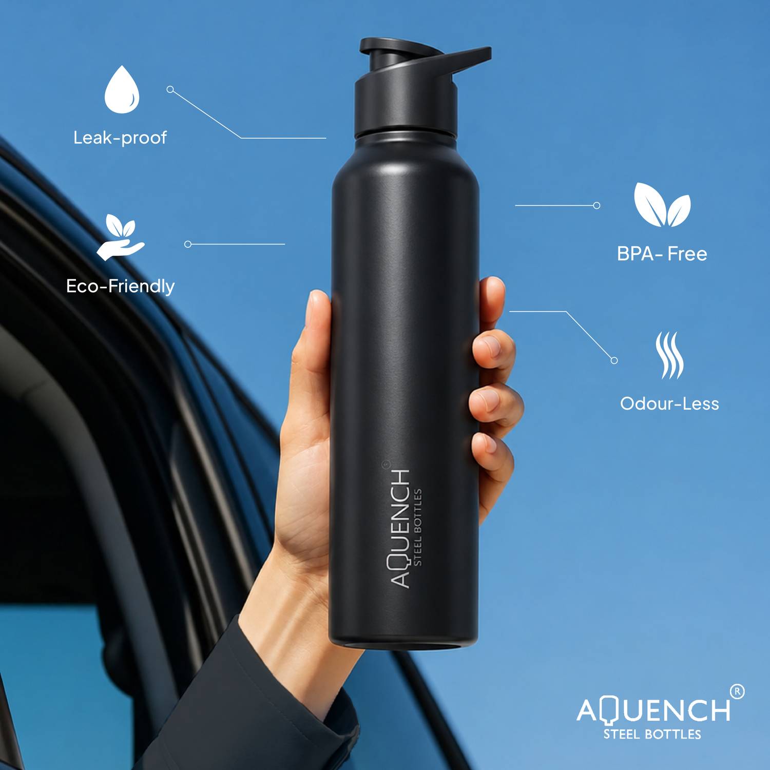 AQUENCH 1L Black Stainless Steel Water Bottle - Image 2