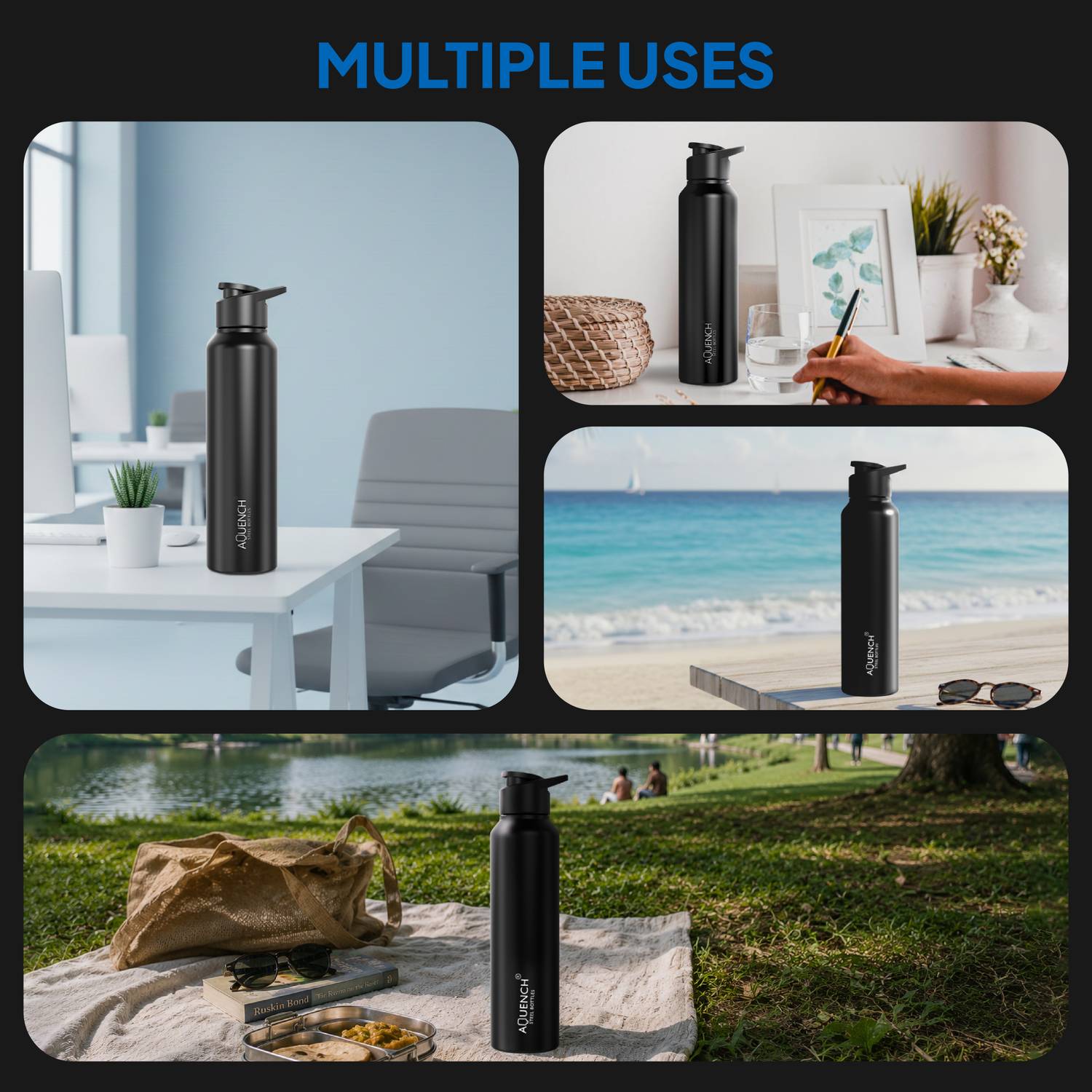 AQUENCH 1L Black Stainless Steel Water Bottle - Image 3