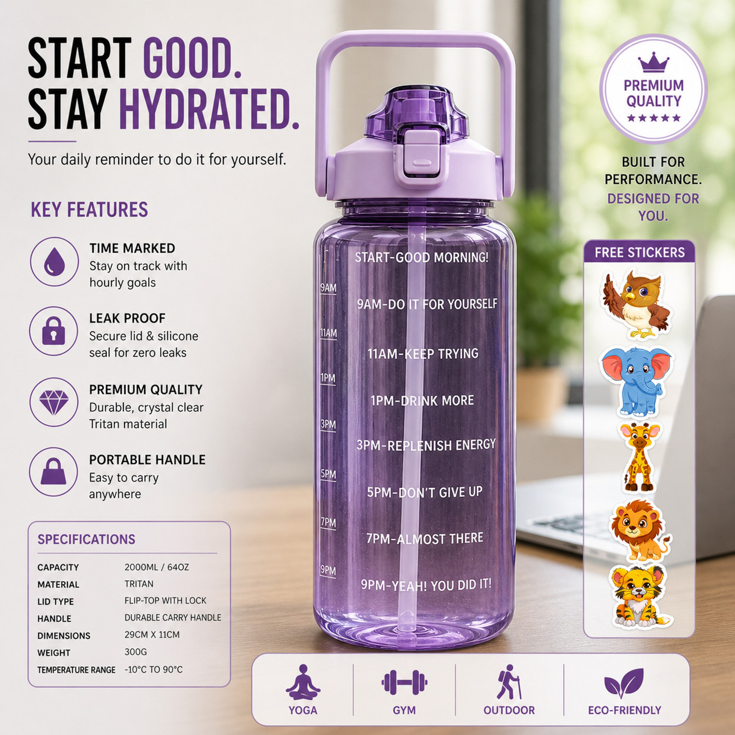Cronus Pack of 1 2000 ML MOTIVATIONAL SIPPER BOTTLE 2000 ml Bottle Plastic