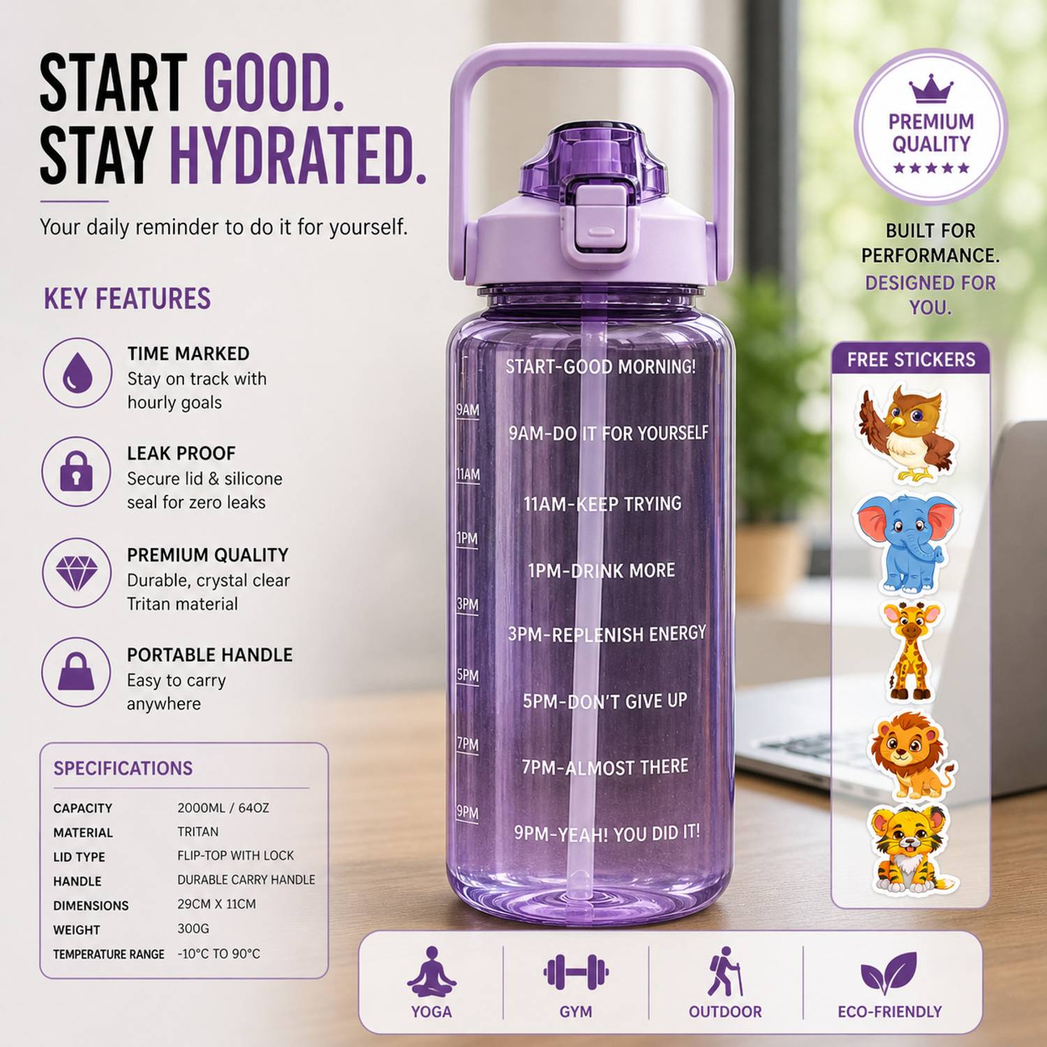 Cronus Pack of 1 2000 ML MOTIVATIONAL SIPPER BOTTLE 2000 ml Bottle Plastic