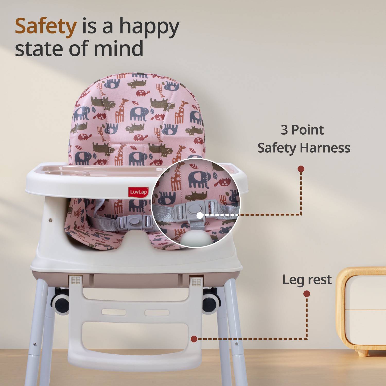 LuvLap High Chair with Wheels, 3 Height Adjustments - Image 5