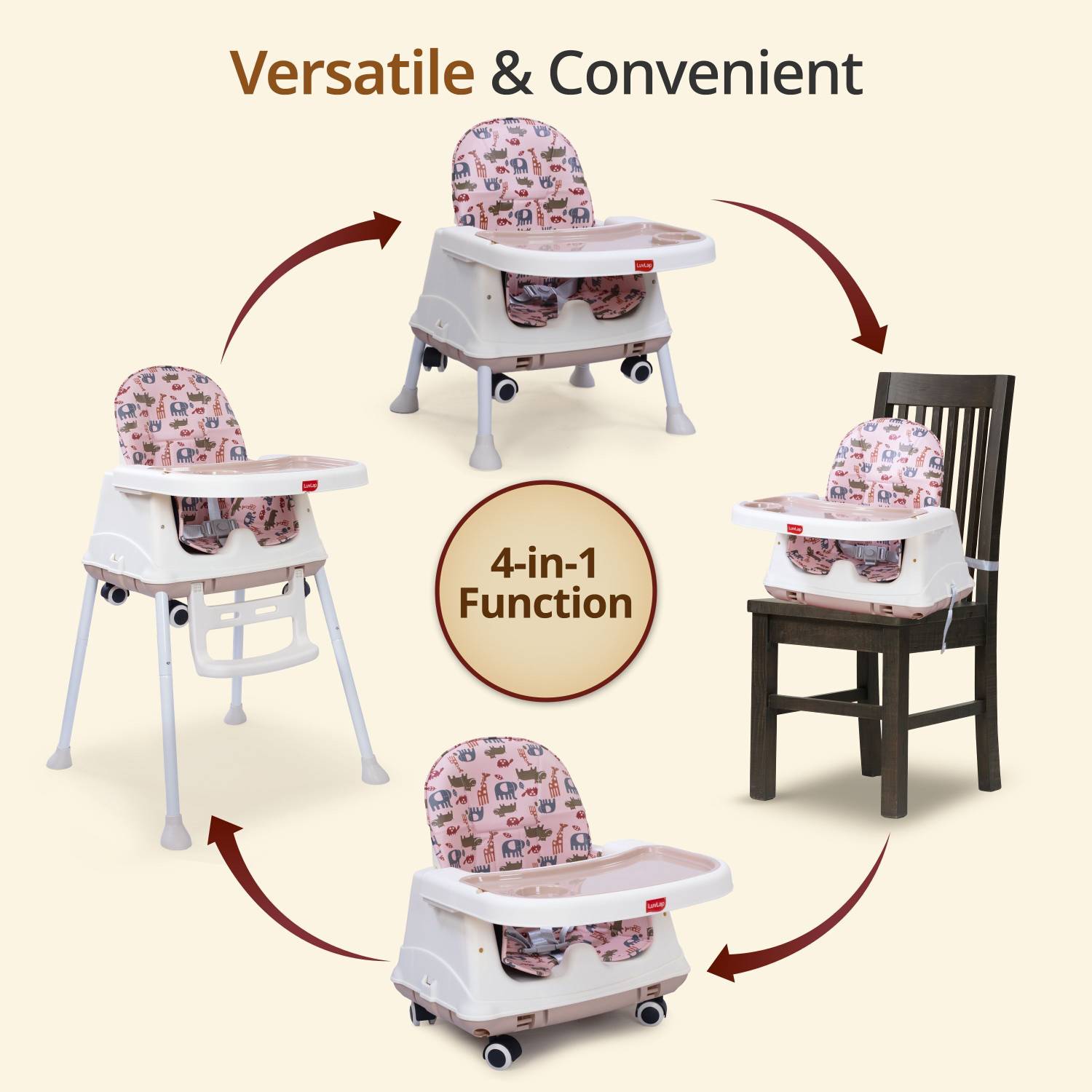 LuvLap High Chair with Wheels, 3 Height Adjustments - Image 2