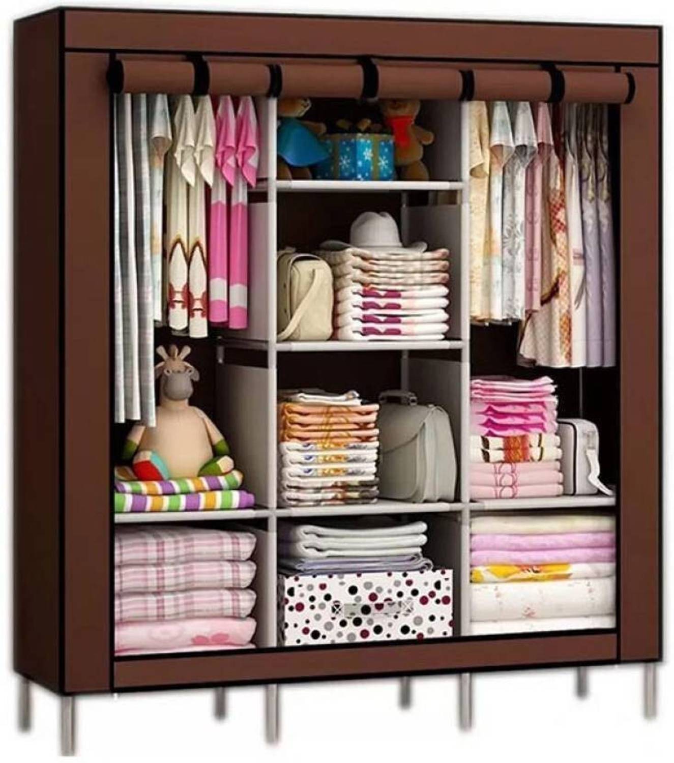 MEZIRE 3-Door Foldable Wardrobe, 8 Racks, Brown - Image 5