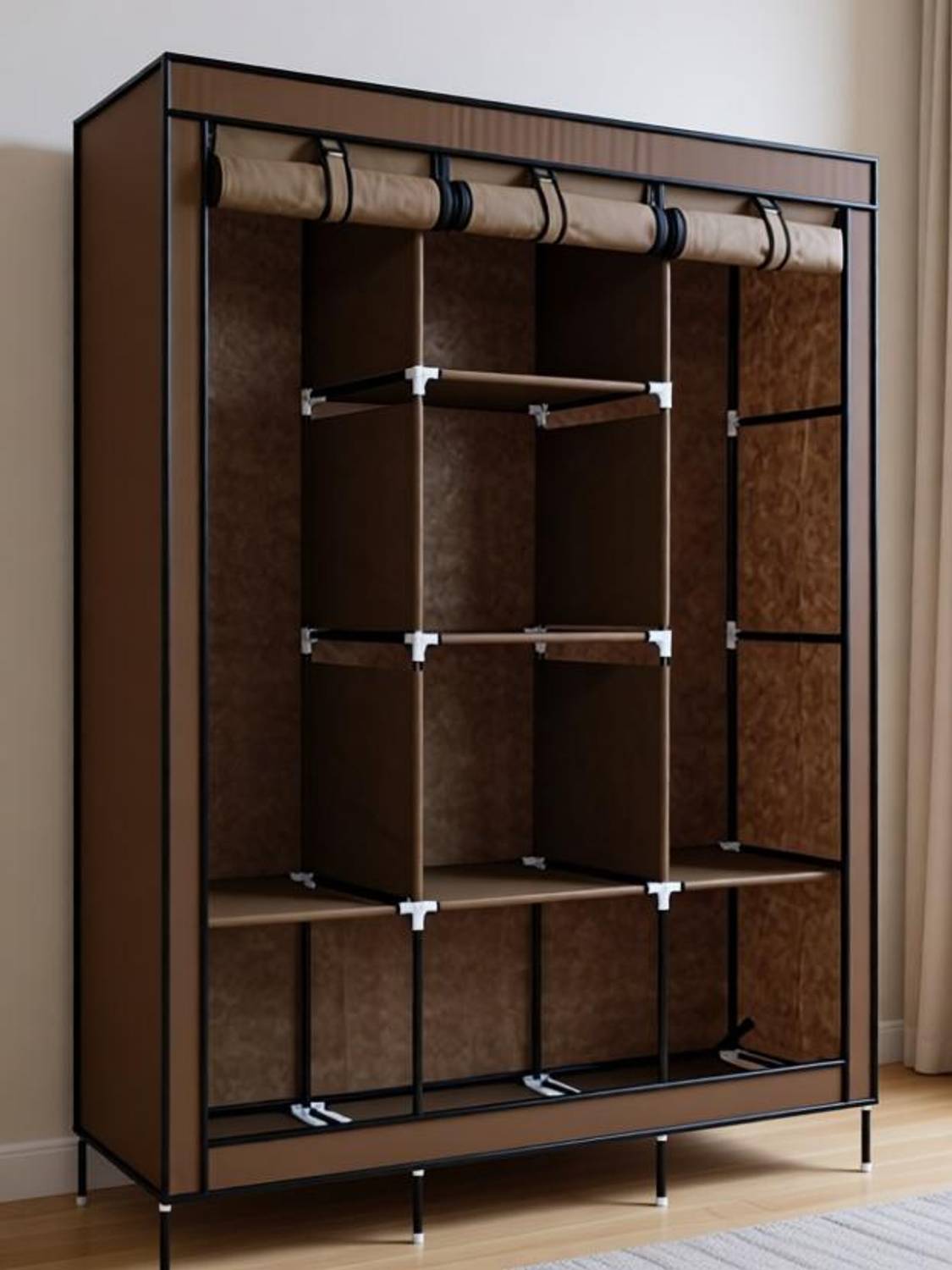 MEZIRE 3-Door Foldable Wardrobe, 8 Racks, Brown - Image 1