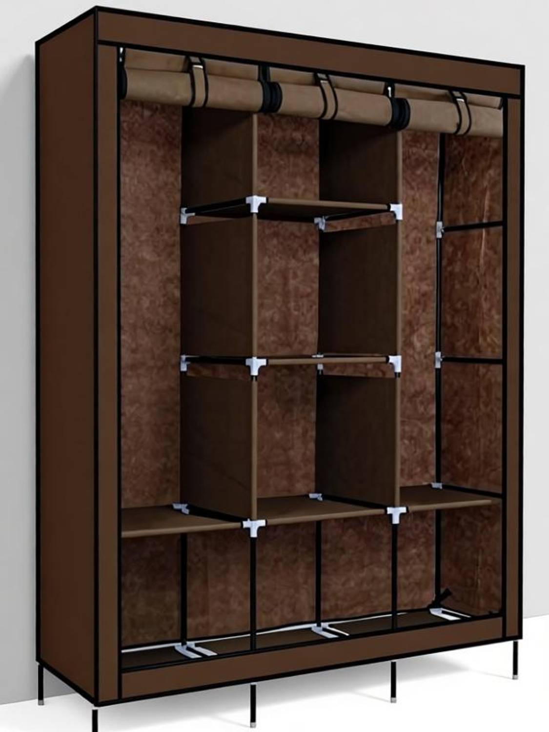 MEZIRE 3-Door Foldable Wardrobe, 8 Racks, Brown - Image 2