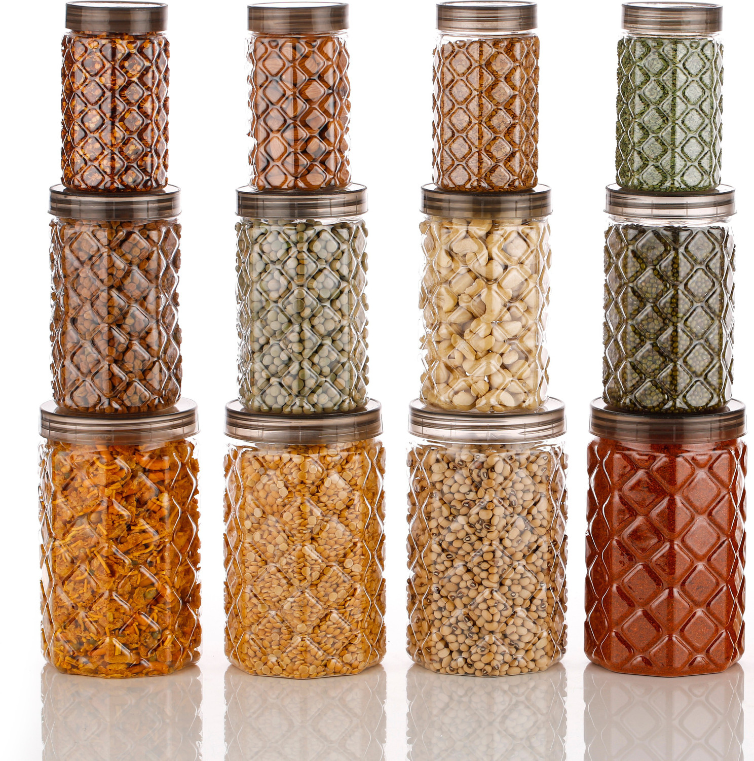 Neki Pack of 12 Plastic Cookie Jar - 350 ml, 650 ml, 1200 ml Multicolor