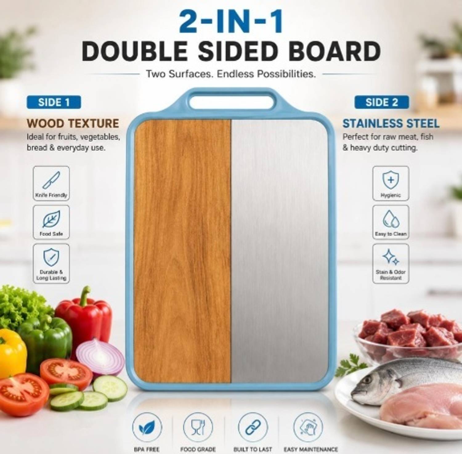 LeonAntique Stainless Steel, Wooden Cutting Board - Image 1