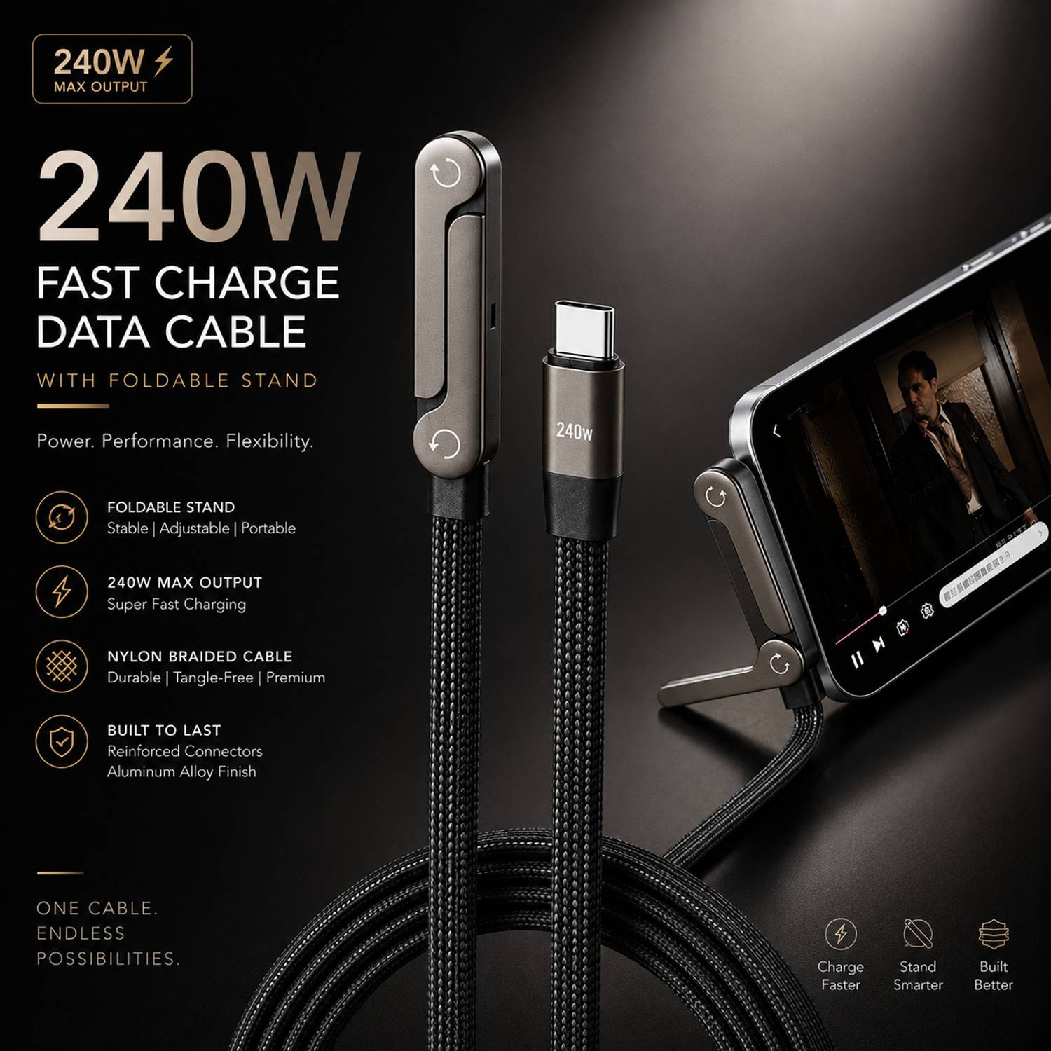 NS WORLD 240W Type C Fast Charging Cable with Stand - Image 1