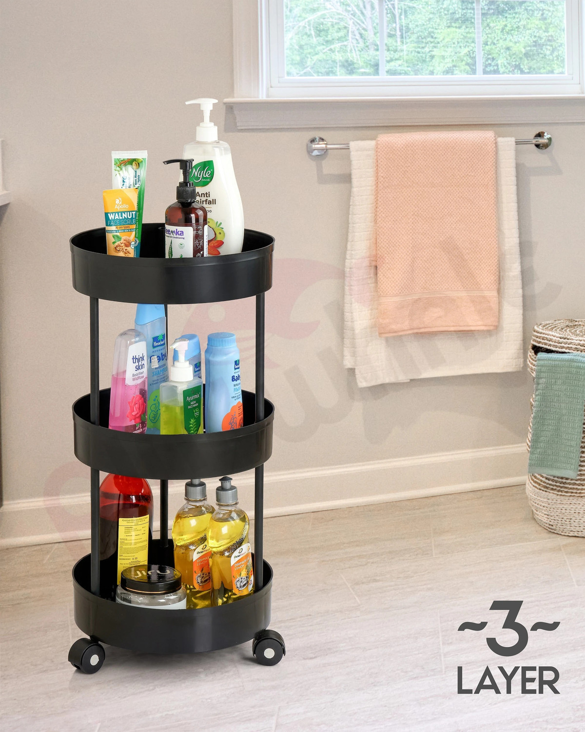 Pinkwhale 3 Compartments Plastic Round Shape Storage Trolly