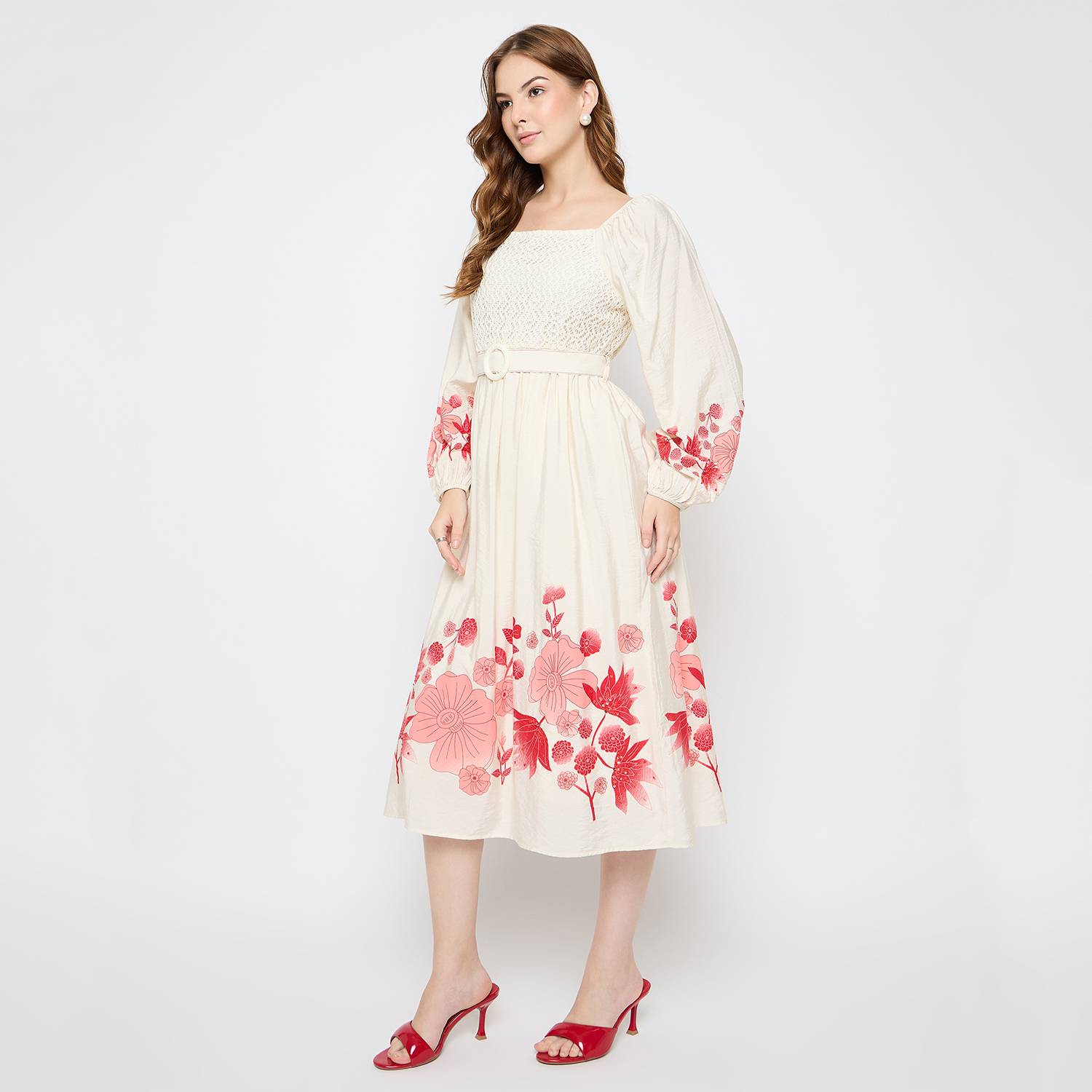 MADAME Women Fit and Flare Beige Midi Dress - Image 3