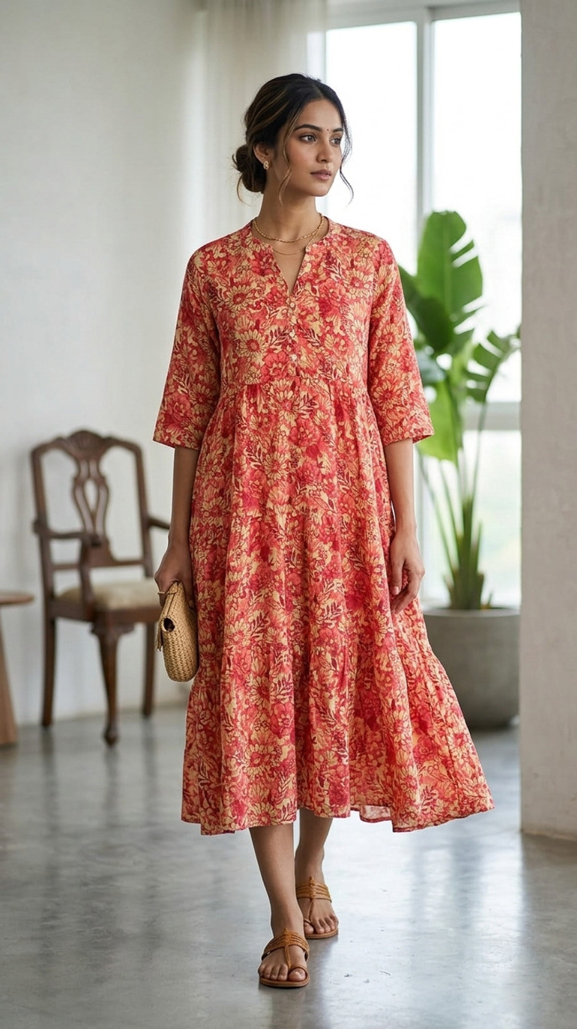 Kachcha Dhaga Women Ethnic Dress Red, Orange Ankle Length Dress