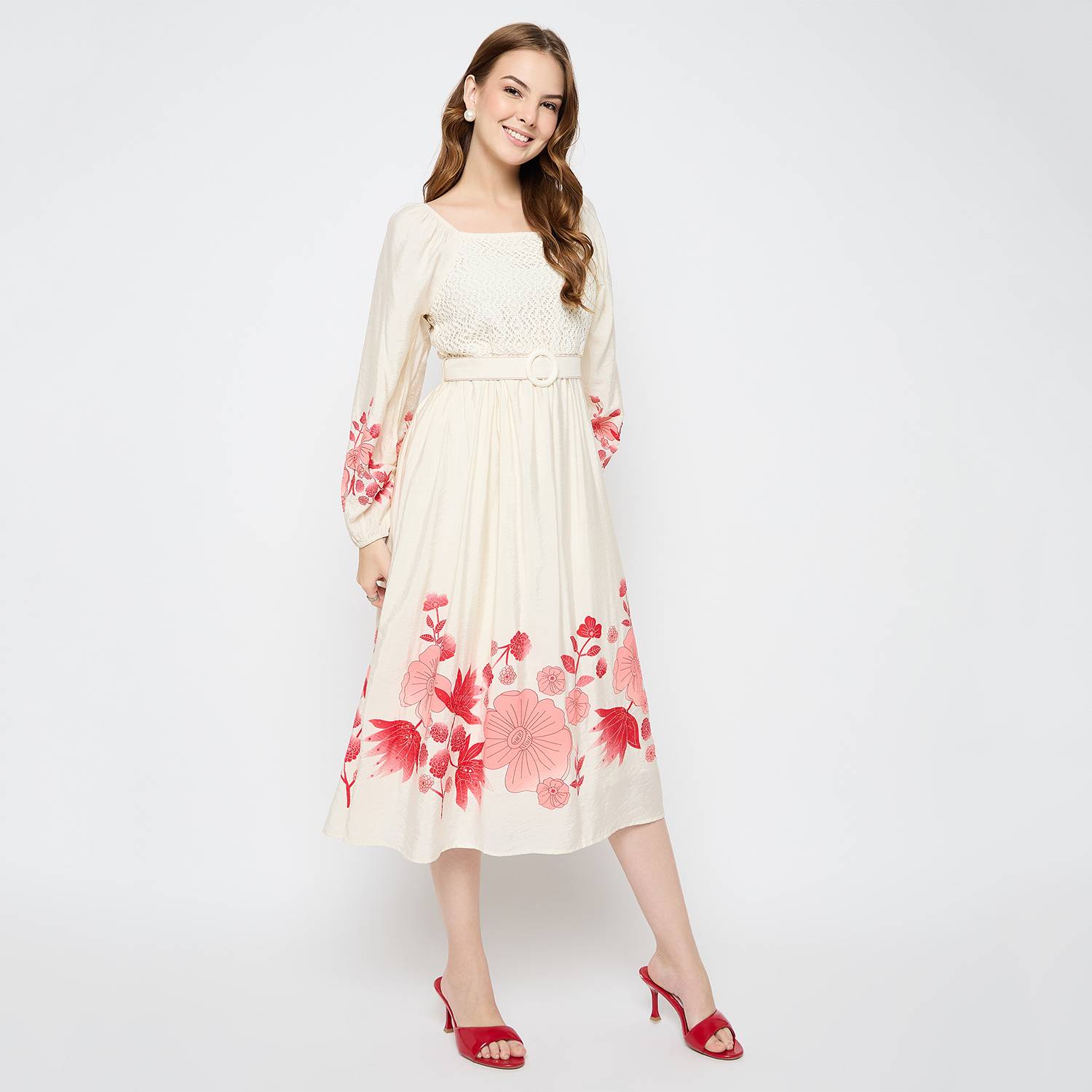 MADAME Women Fit and Flare Beige Midi Dress - Image 4