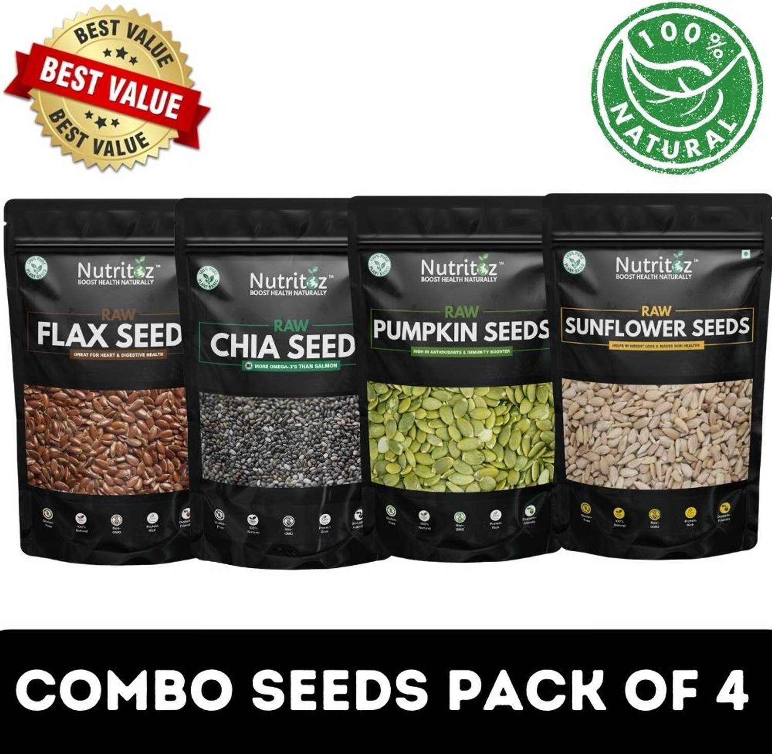 Nutritoz Raw Chia, Flax, Pumpkin & Sunflower Seeds Combo Pack of 50
