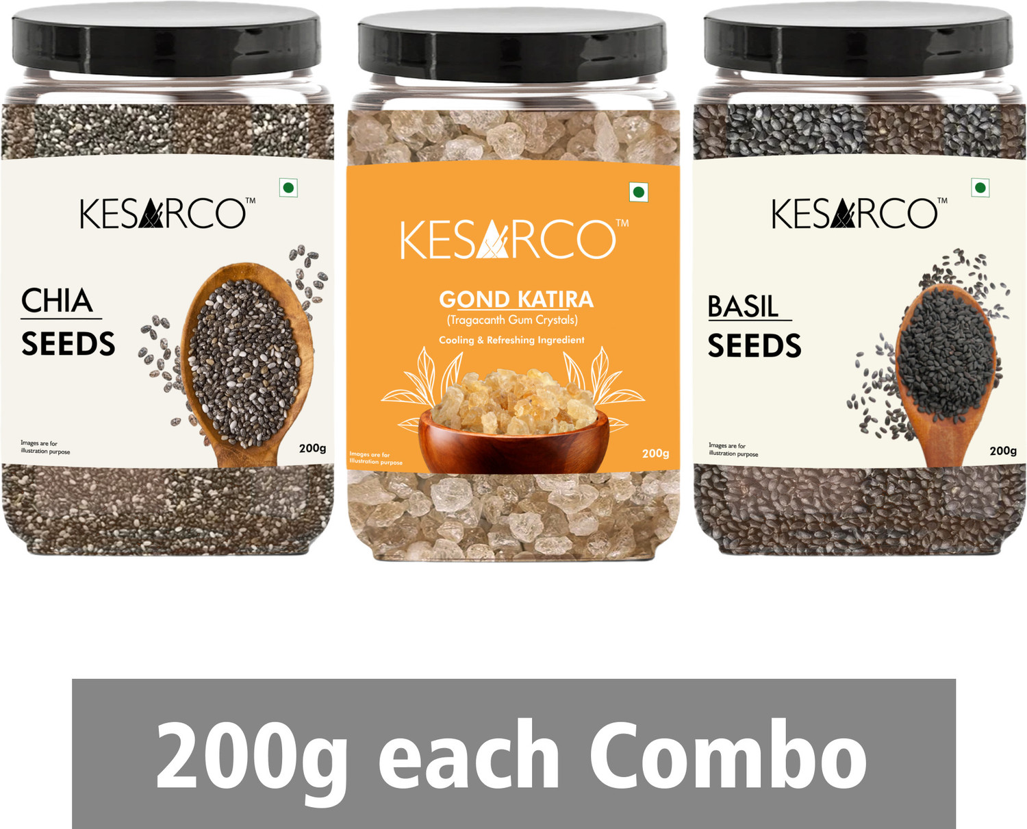 KESARCO Gond Katira + Basil Seeds + Chia Seeds Combo Pack (200g x 3) | Natural Superfood Mixed Seeds