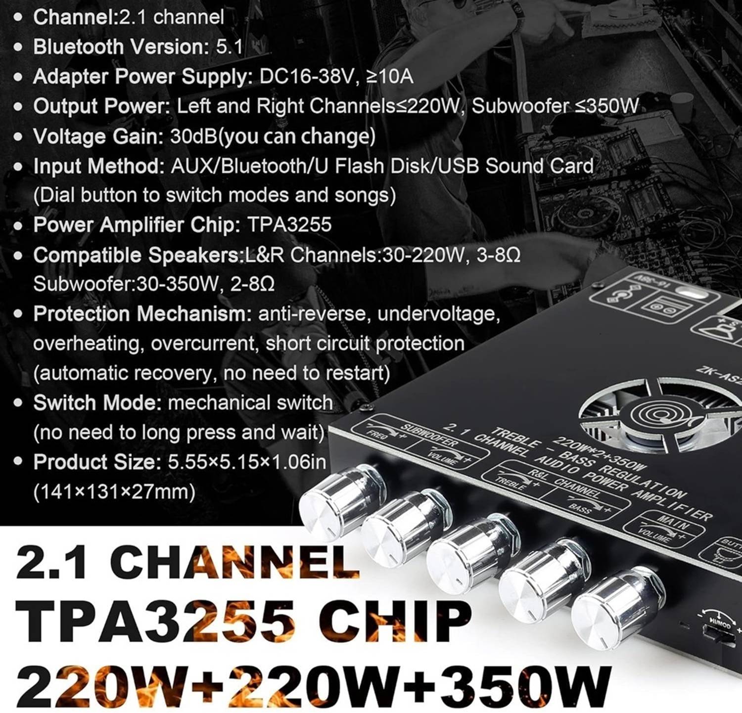 SG Flash ZK-AS21 220W*2+350W 2.1 Bluetooth Amplifier Board - Image 4