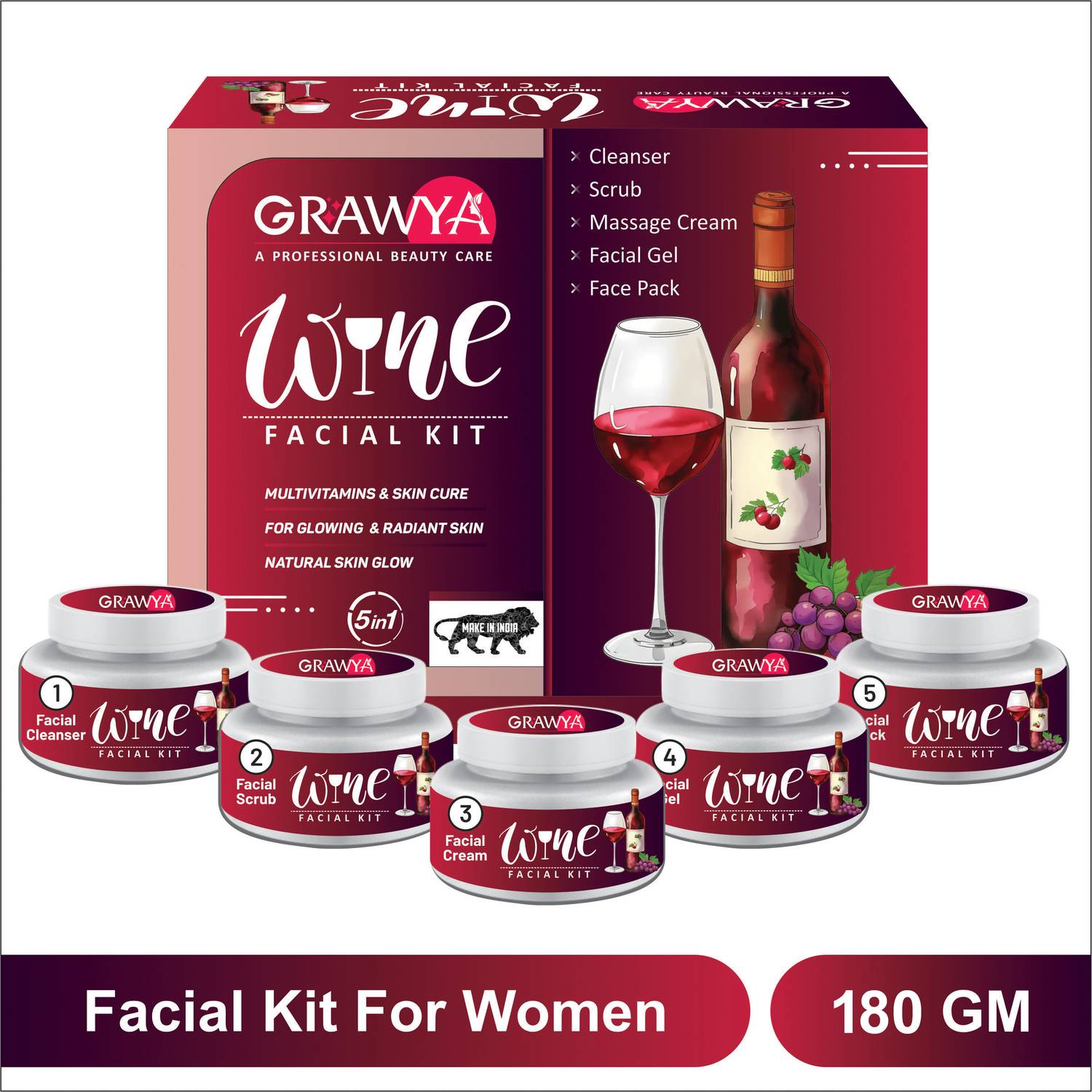 Grawya Red Wine Skin Whitening Facial Kit Pack of 5 - Image 5