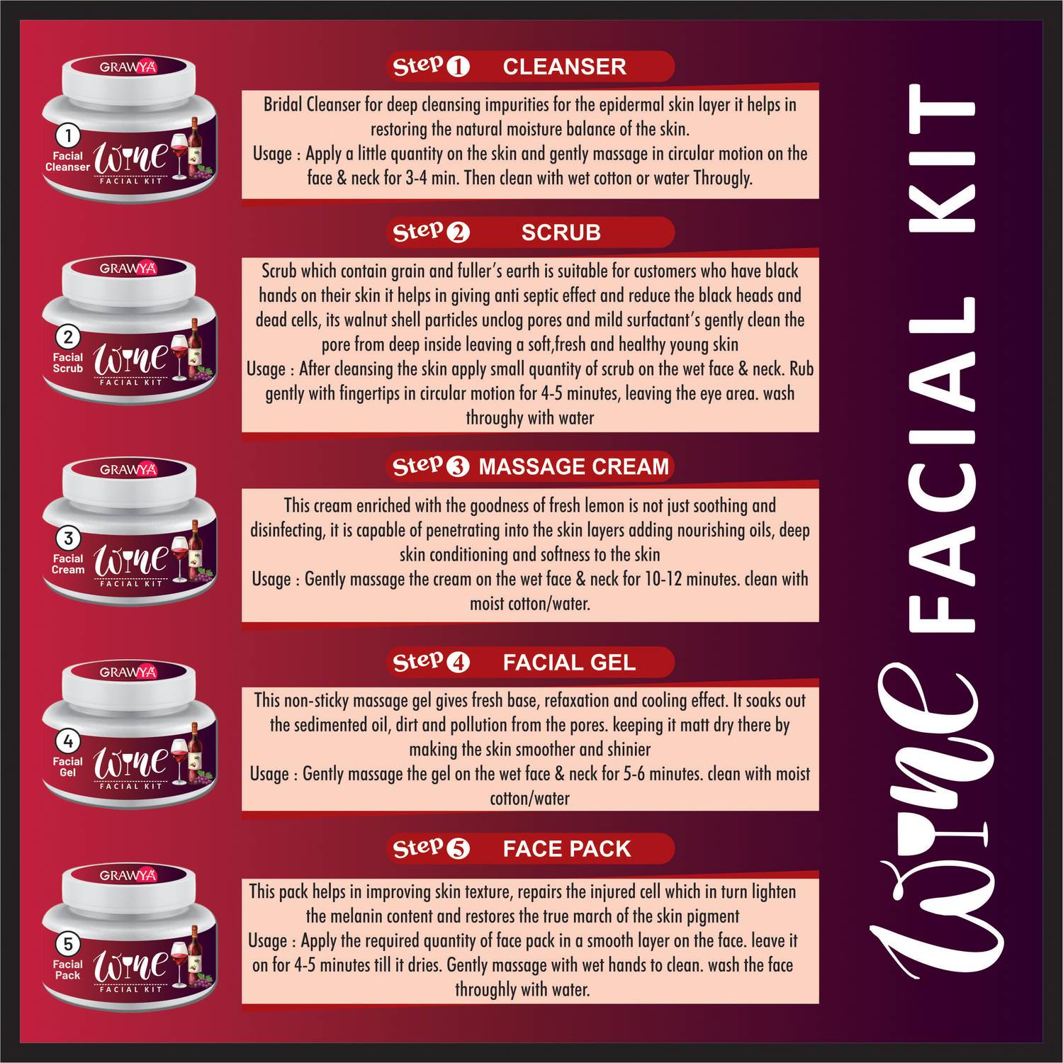 Grawya Red Wine Skin Whitening Facial Kit Pack of 5 - Image 2