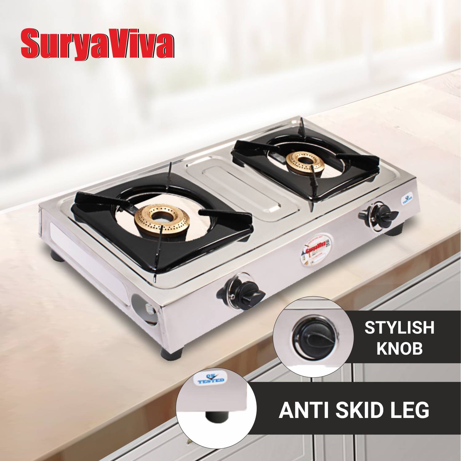 SURYAVIVA 2Burner Neo Steel 2B Cast Iron Burner Gas Stove, Silver - Image 4