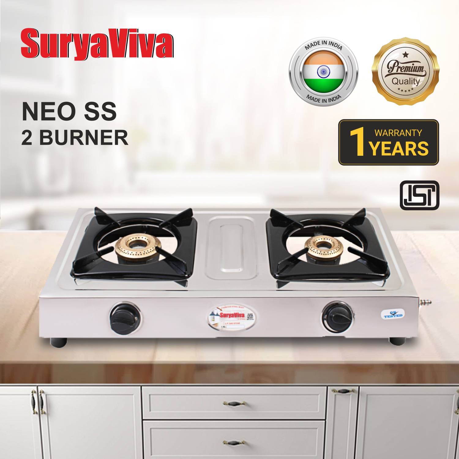 SURYAVIVA 2Burner Neo Steel 2B Cast Iron Burner Gas Stove, Silver - Image 2