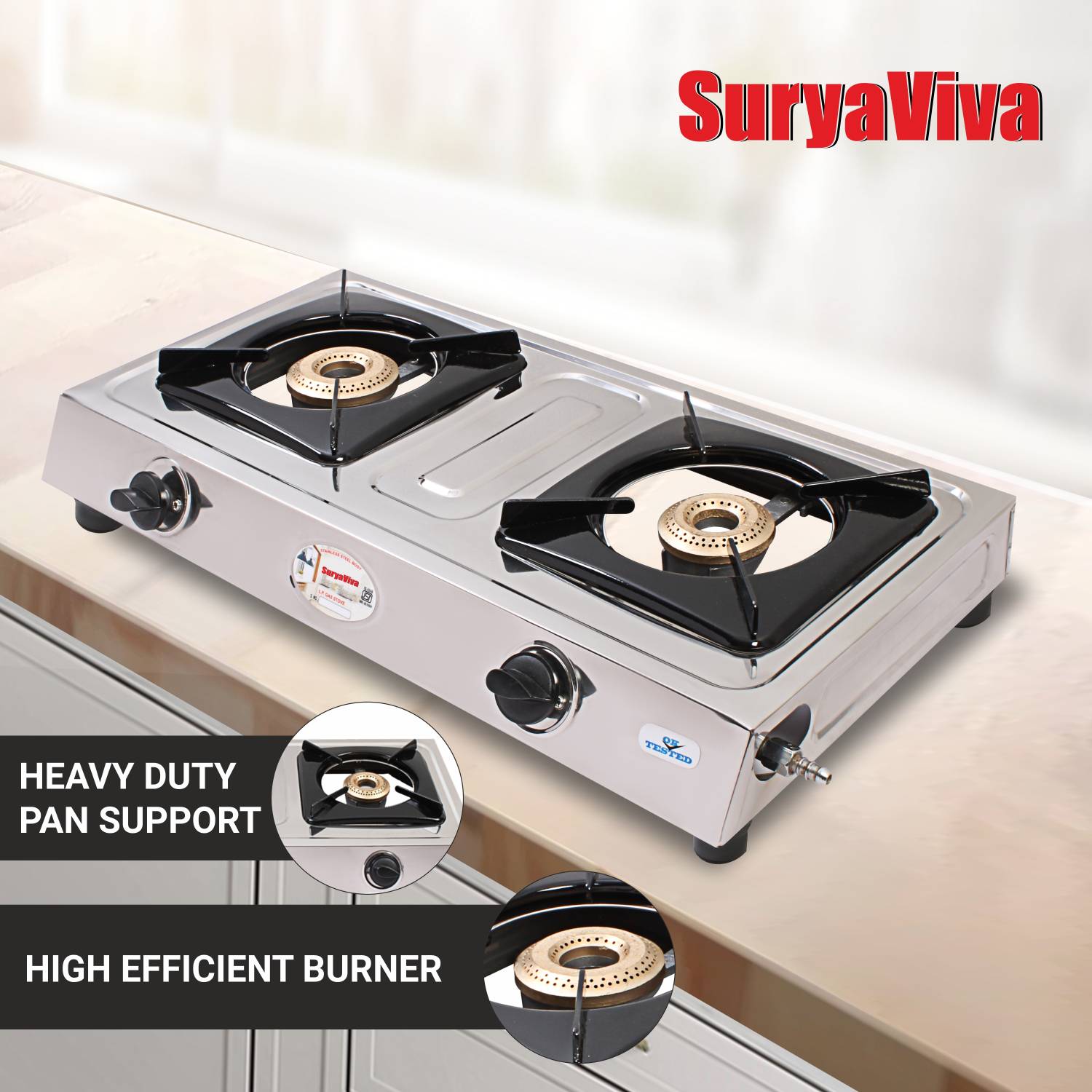 SURYAVIVA 2Burner Neo Steel 2B Cast Iron Burner Gas Stove, Silver - Image 3
