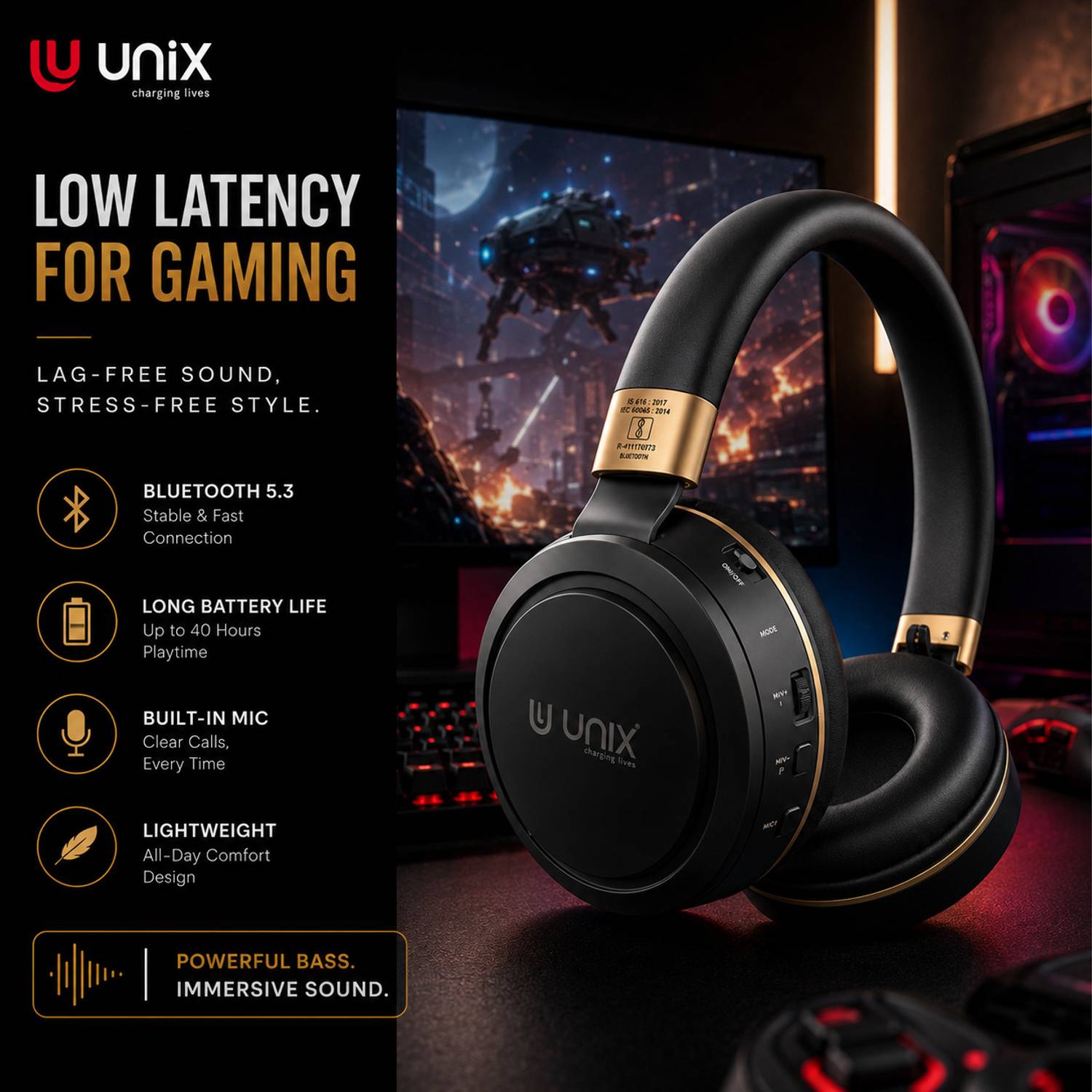 Unix Wireless Headphones 12Hrs Playtime 40MM Drivers - Image 4