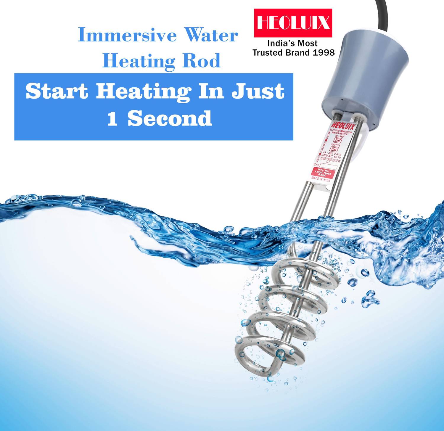 Heoluix quick heat 2000watt water proof & shock proof water heating immersion rod 2000 W Shock Proof Immersion Heater Rod