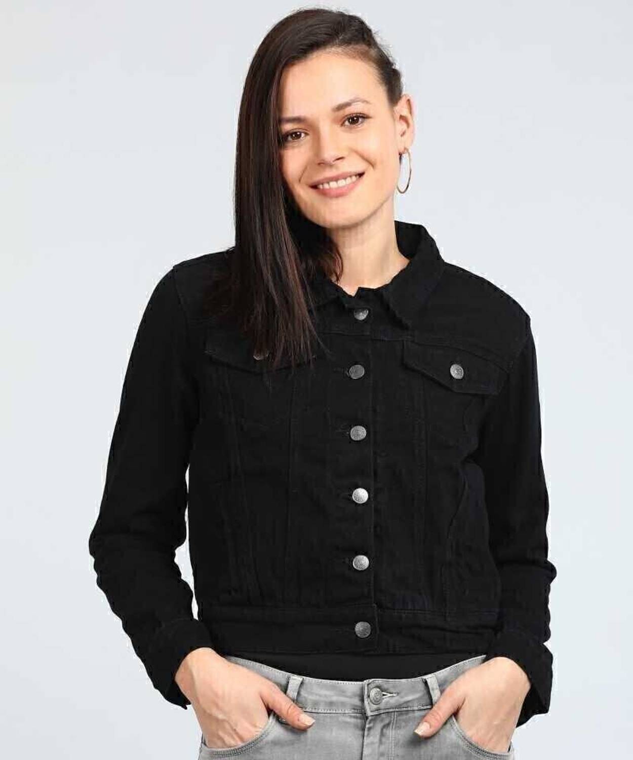 Bloomingflower 3/4th Sleeve Solid Women Denim Jacket - Image 1