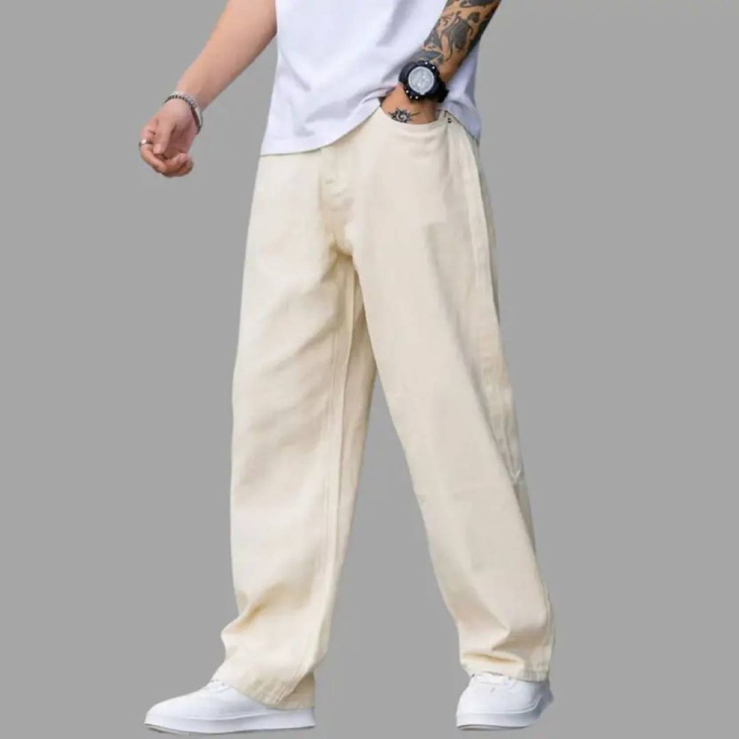 White Leapard Loose Fit Men Beige Jeans - Image 2