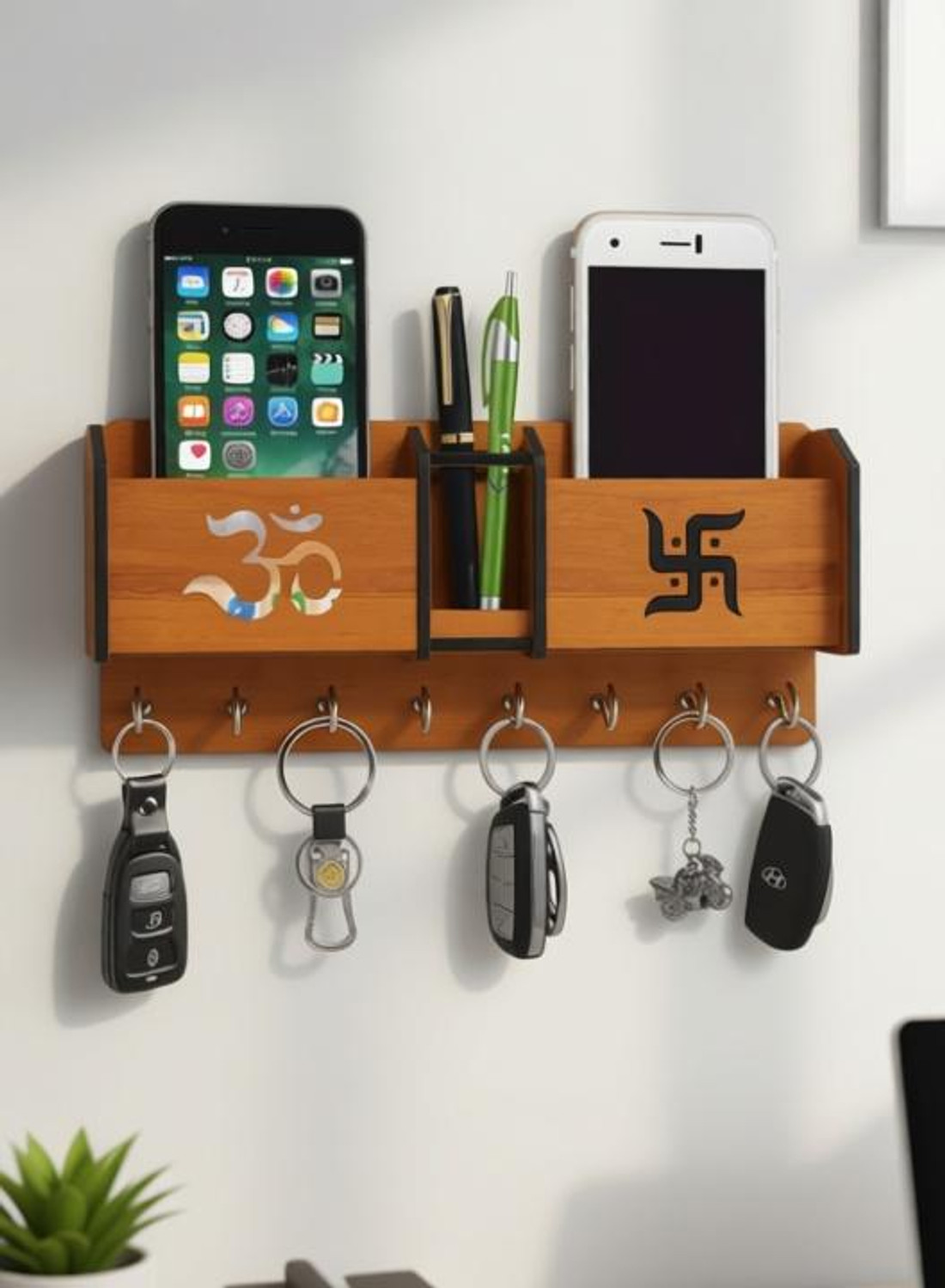 Joies Fashions Joies Decorative OM SWASTIKA Key Holder / Mobile Stand (Brown ,8 Hook) Wood Key Holder