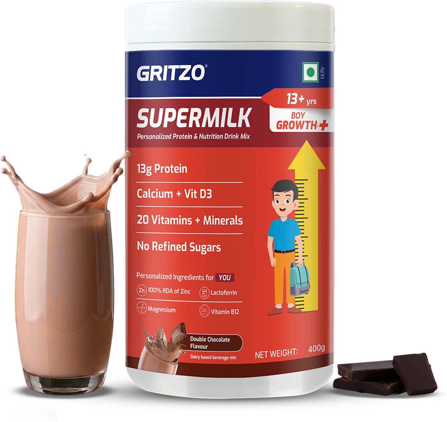 Gritzo SuperMilk Growth+ 13g Protein Powder, Double Chocolate - Image 1