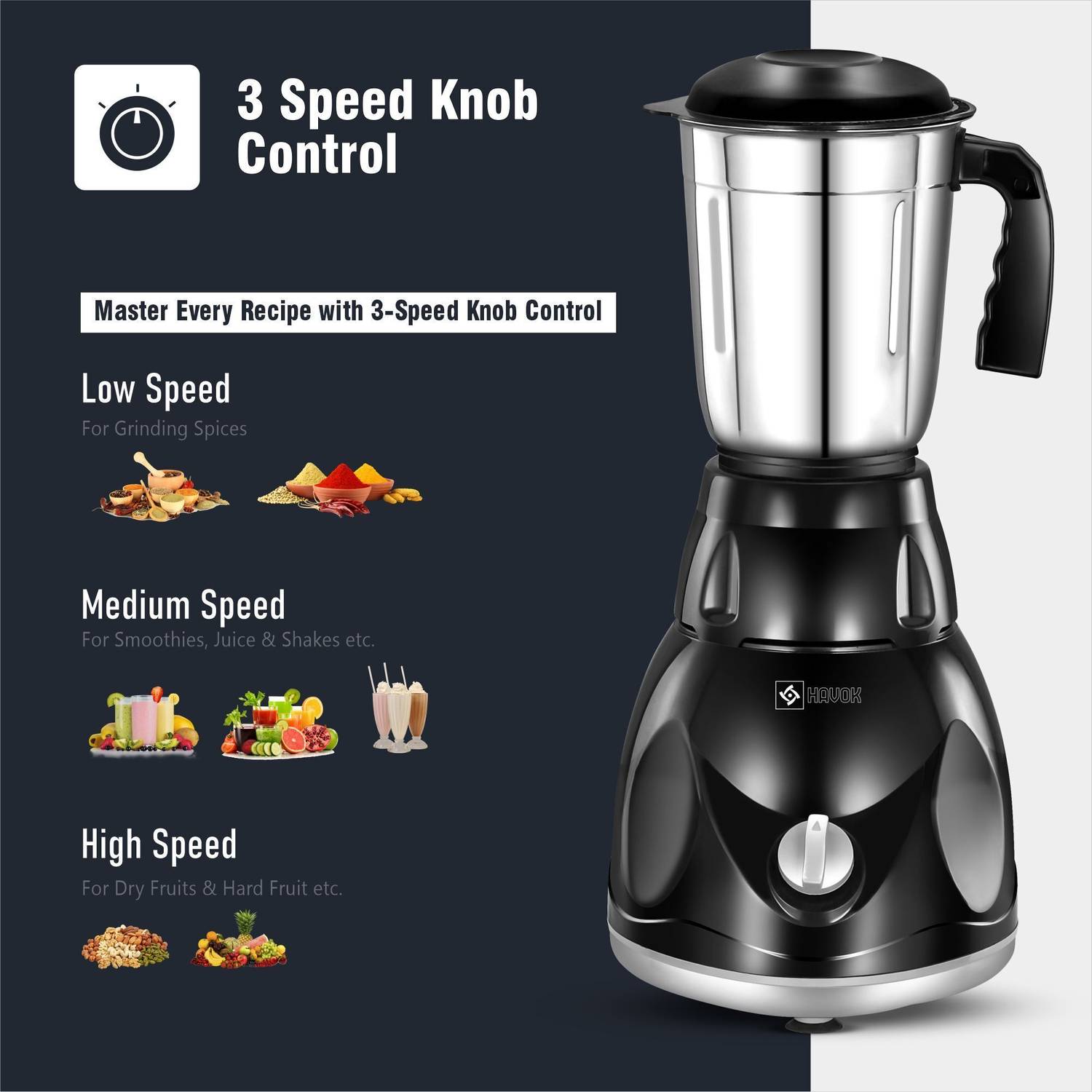 Havok 750 W Mixer Grinder 3 Jar Black Pack of 3 - Image 2