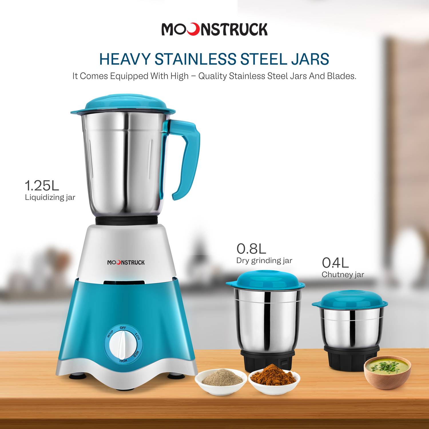 Moonstruck 750W Juicer Mixer Grinder 3 Jar Blue Pack of 750 - Image 4