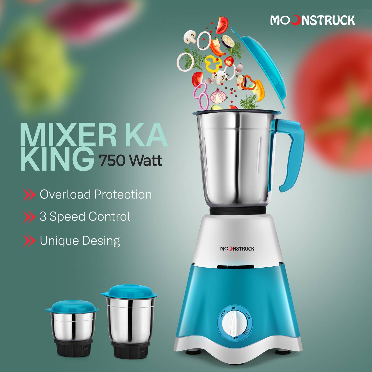 Moonstruck 750W Juicer Mixer Grinder 3 Jar Blue Pack of 750 - Image 5