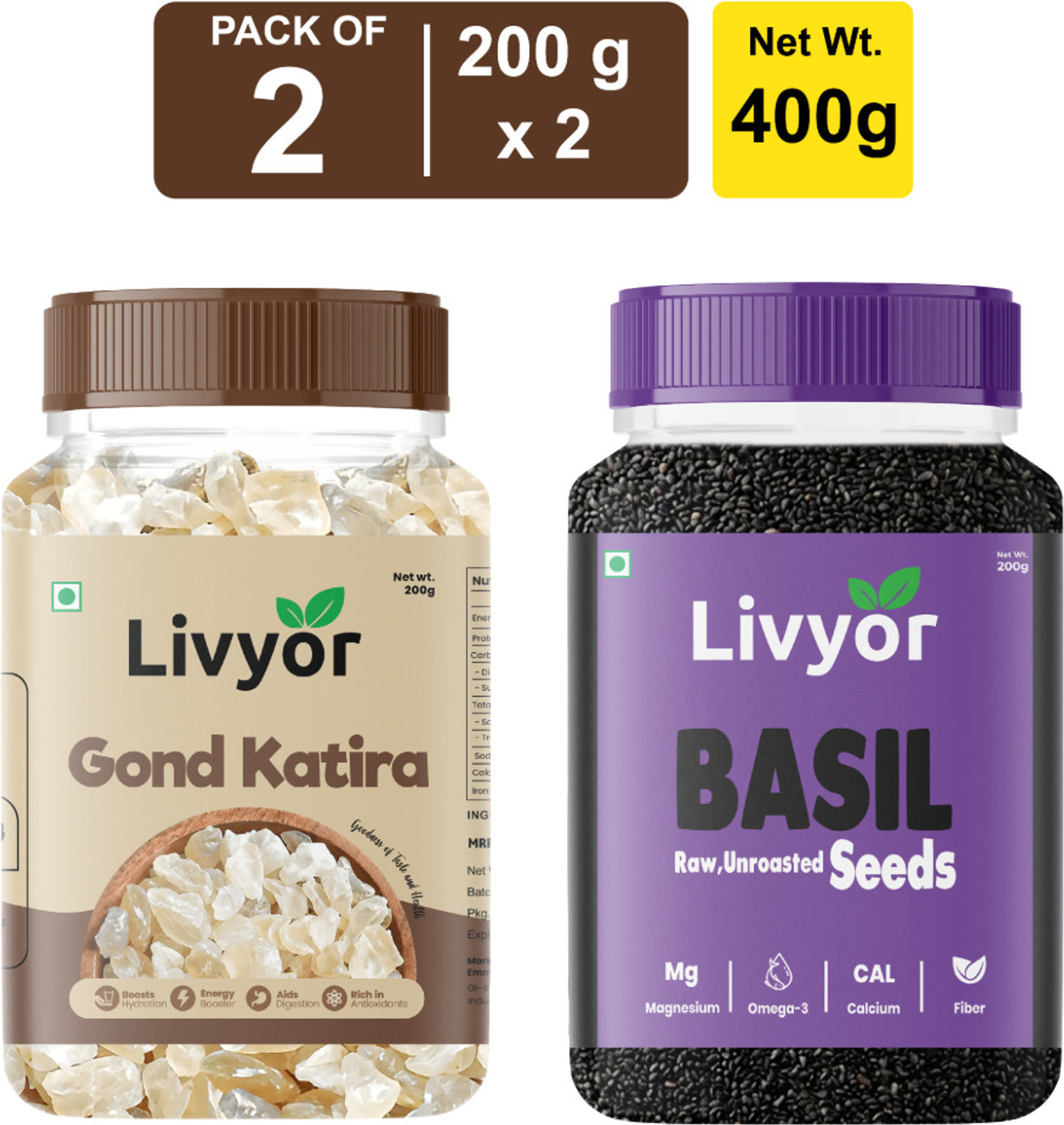 LIVYOR Gond Katira and Basil Seeds Combo Pack 200g x 2 | Sabja Seeds Assorted Seeds & Nuts