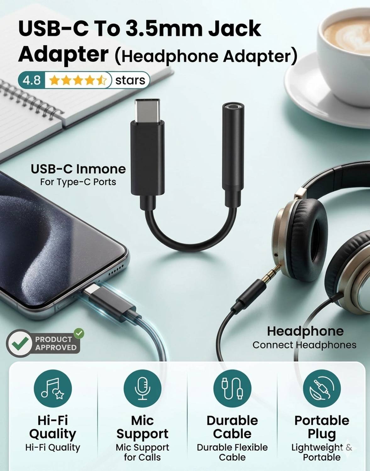 Port Black USB-C to 3.5mm Headphone Jack Adapter - Image 3