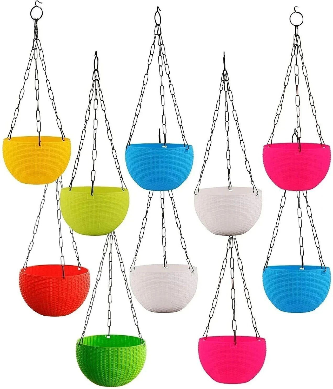 Virkart Plastic Woven look Hanging Pot with Chain Plastic Flower Pot Basket Plant Container Set