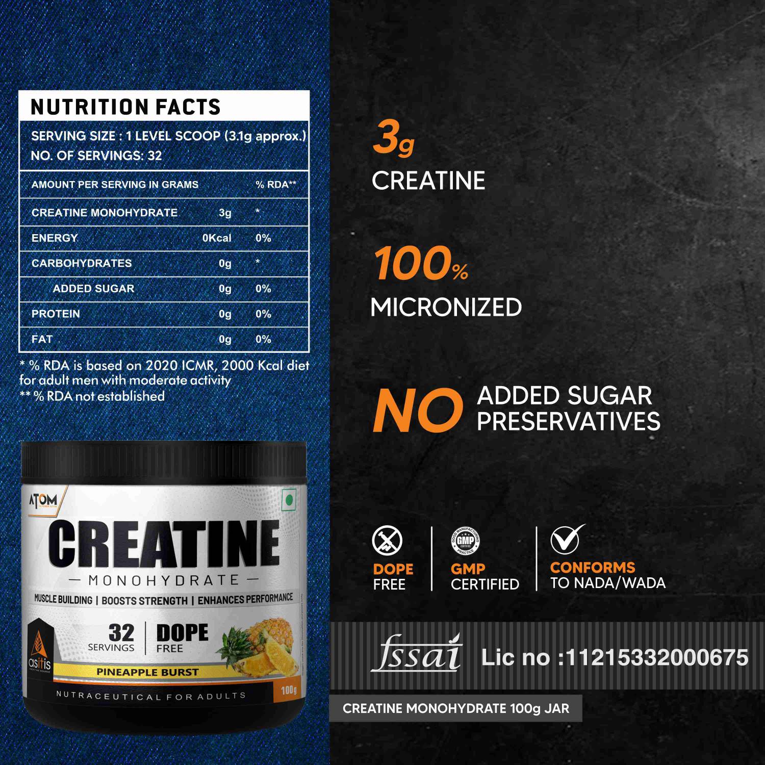 AS-IT-IS Nutrition ATOM Creatine Monohydrate 100g - Image 2