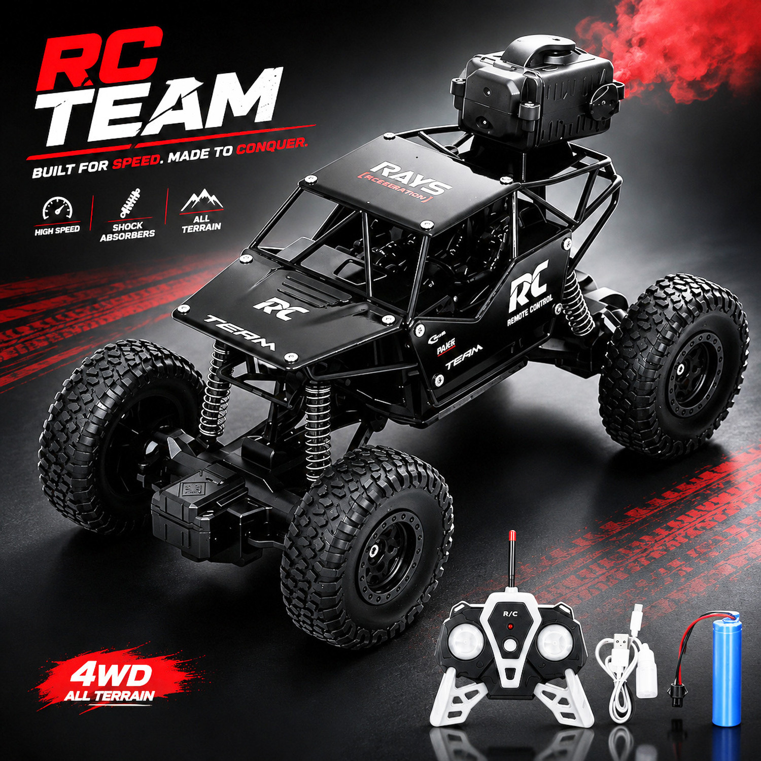 LITTLE RIDES Rock Crawler 1:16 Offroad Monster RC Car with Smoke Function