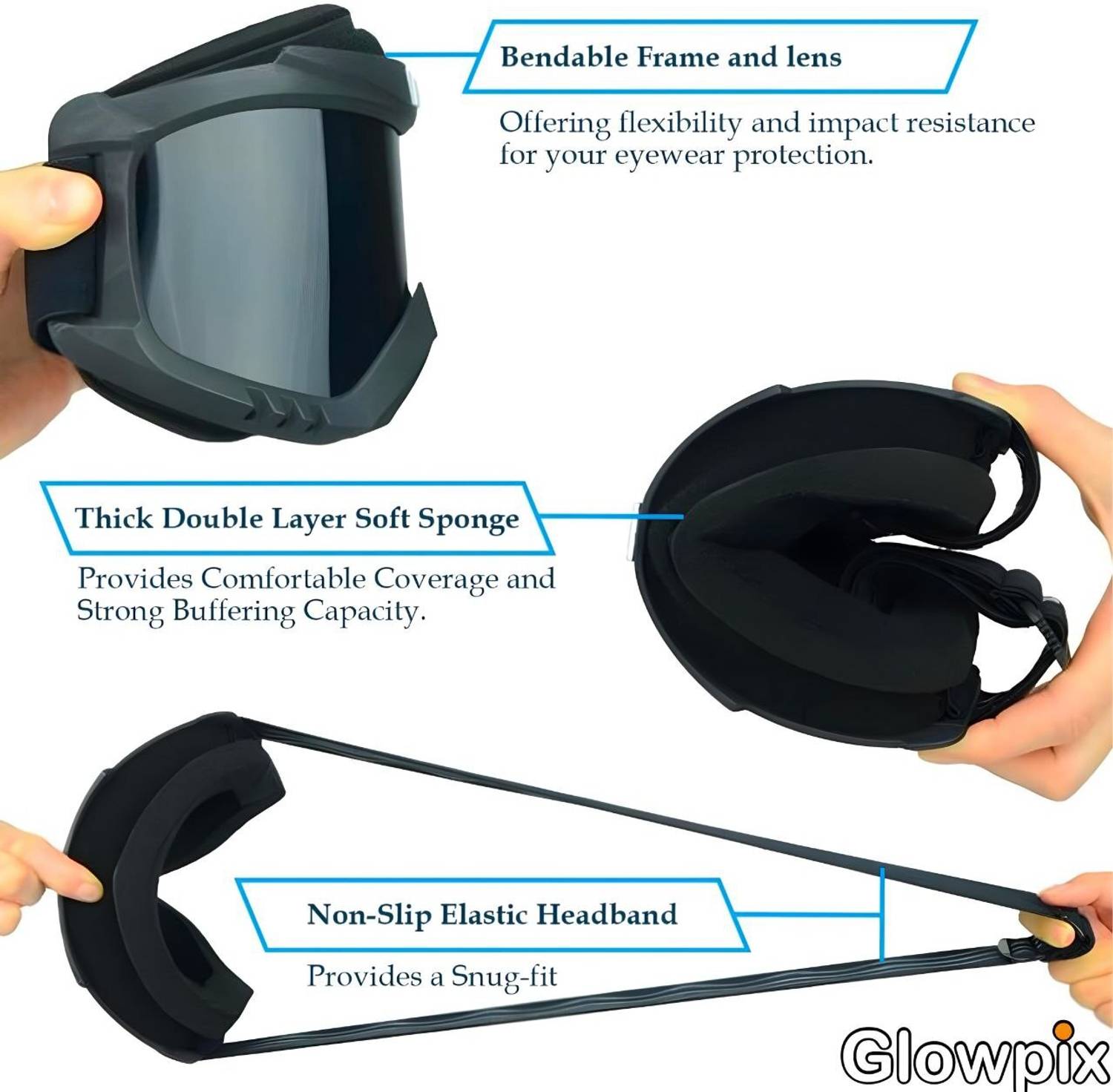 GLOWPIX Bike Riding Face Mask & Motorcycle Goggles Black - Image 5