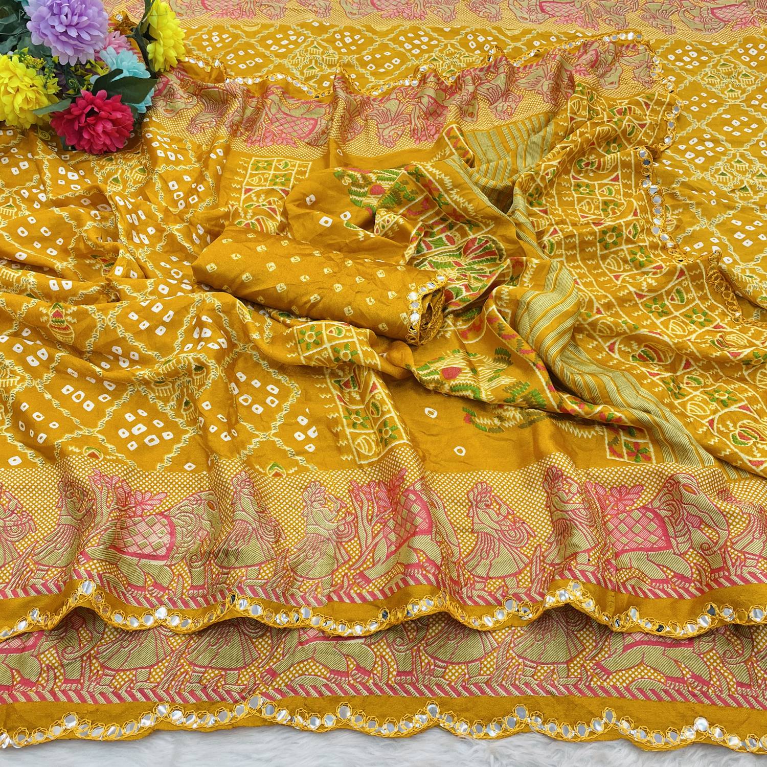 Vini Enterprises Printed Bandhani Art Silk Saree with Unstitched Blouse