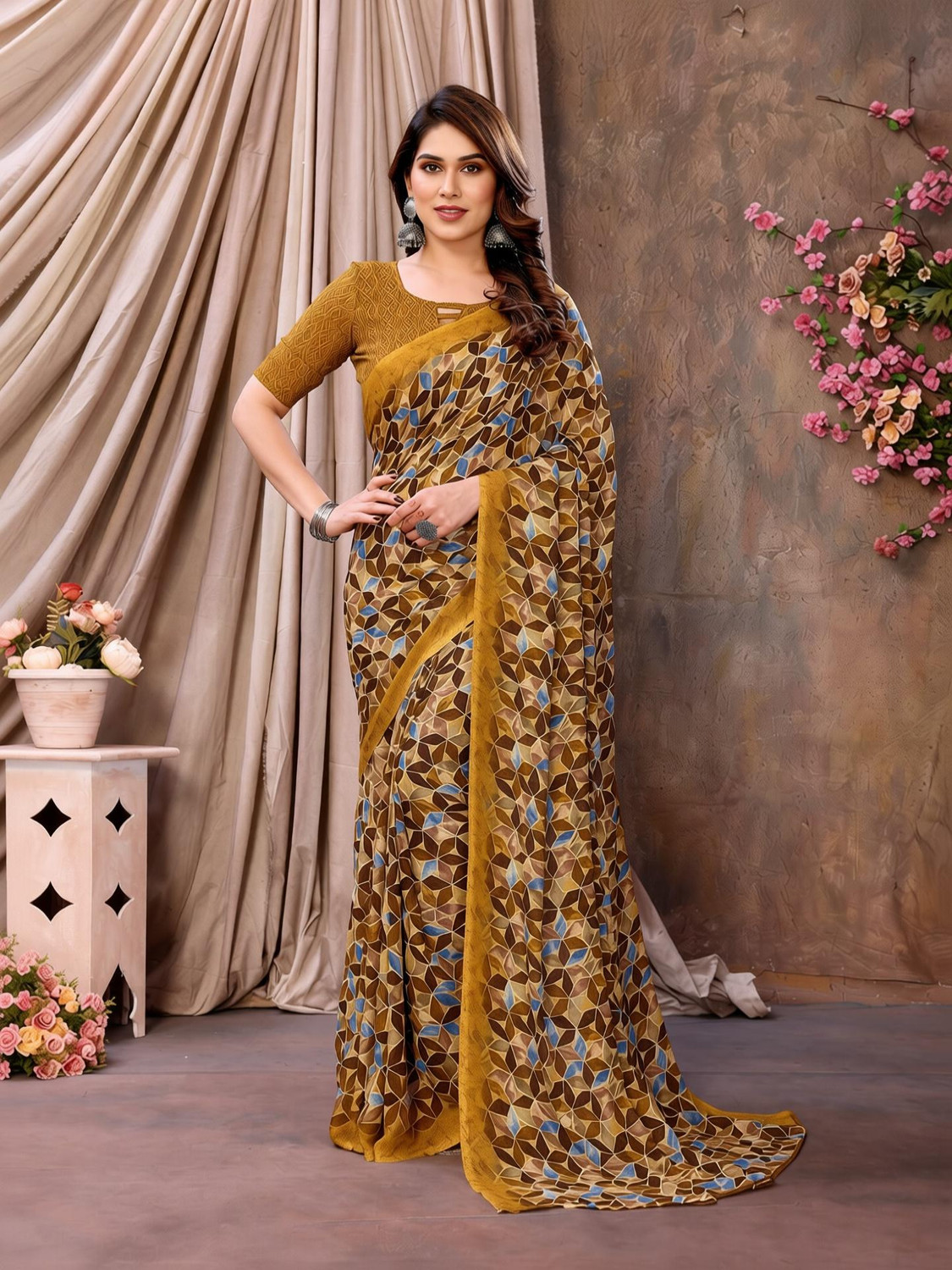 TTH Printed Daily Wear Georgette Saree with Unstitched Blouse
