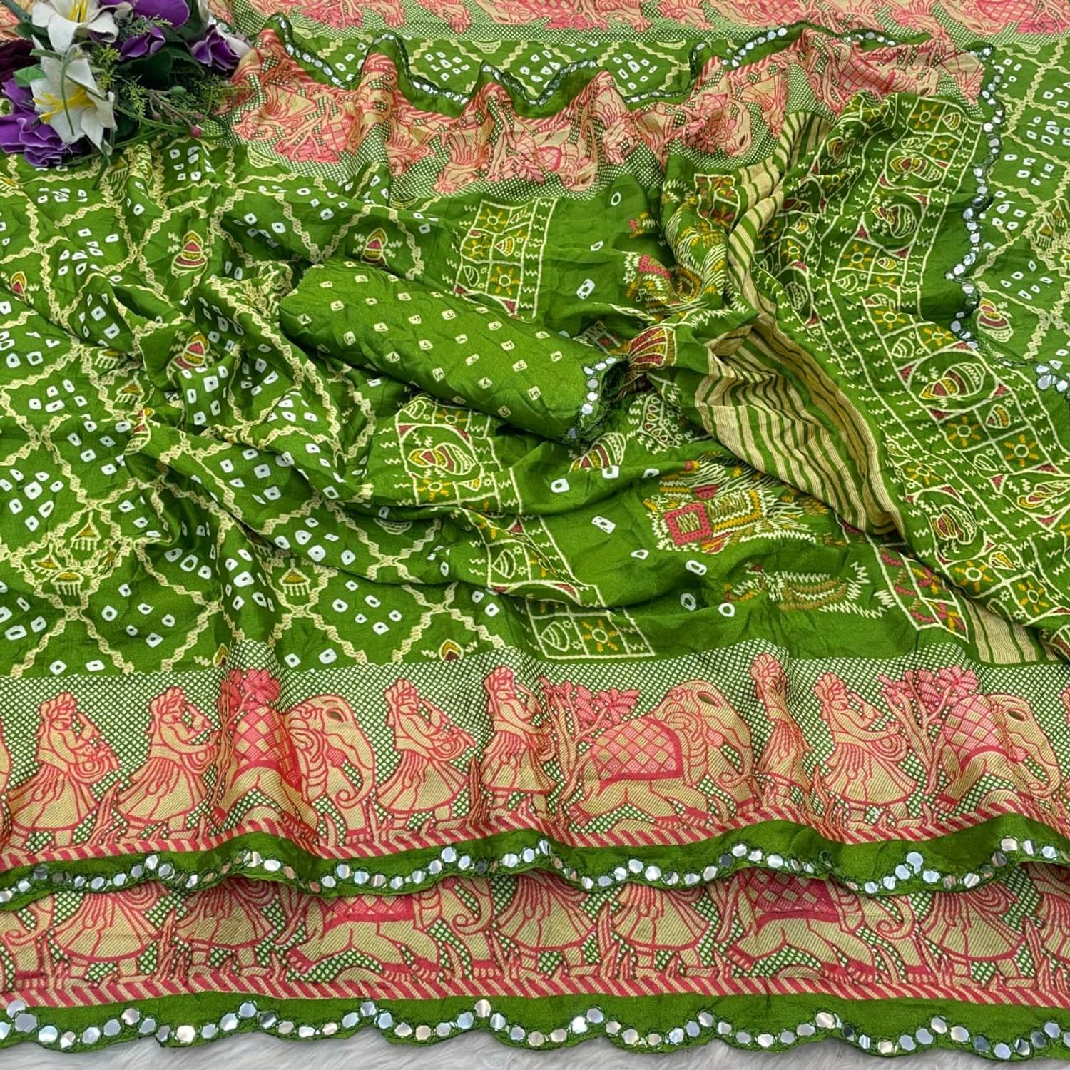 Vini Enterprises Printed Bandhani Art Silk Saree with Unstitched Blouse