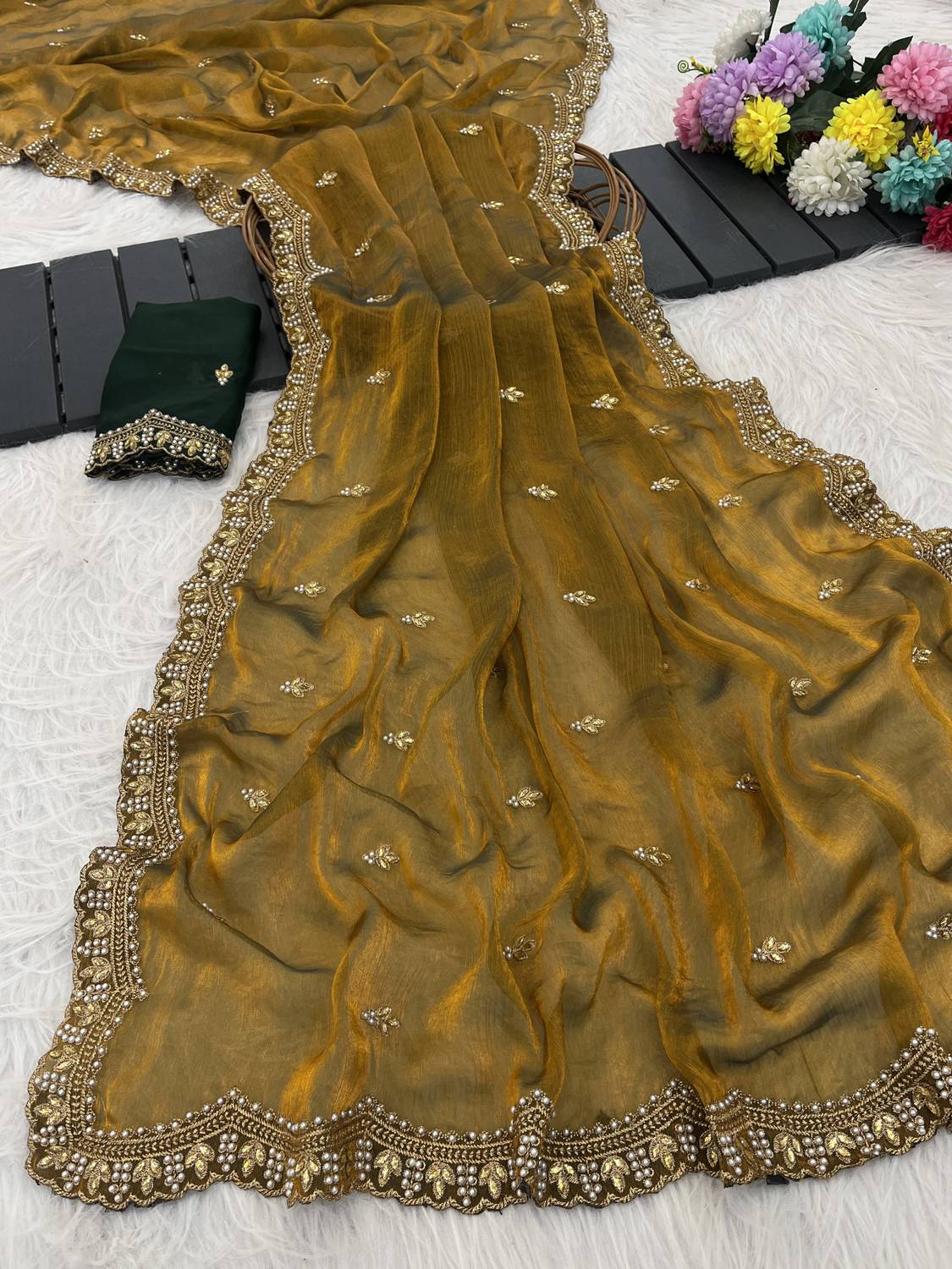 SSP TEX Solid, Embellished Banarasi Chiffon, Pure Silk Saree with Unstitched Blouse