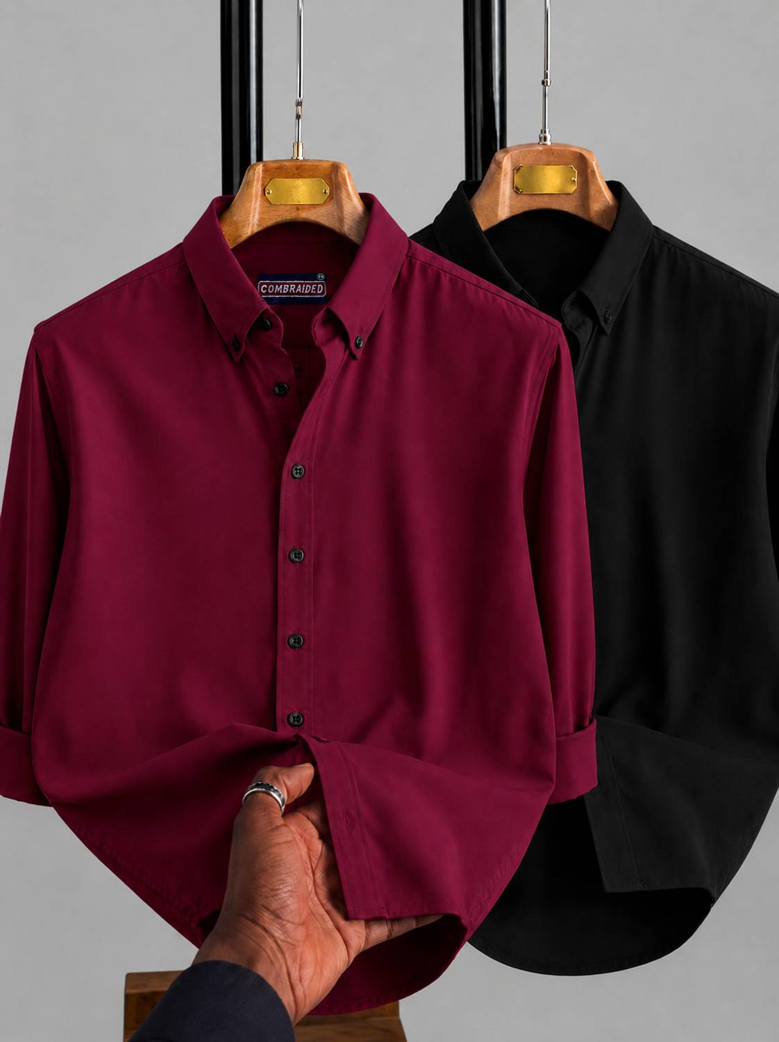 COMBRAIDED Men Solid Casual Black, Maroon Shirt - Image 1